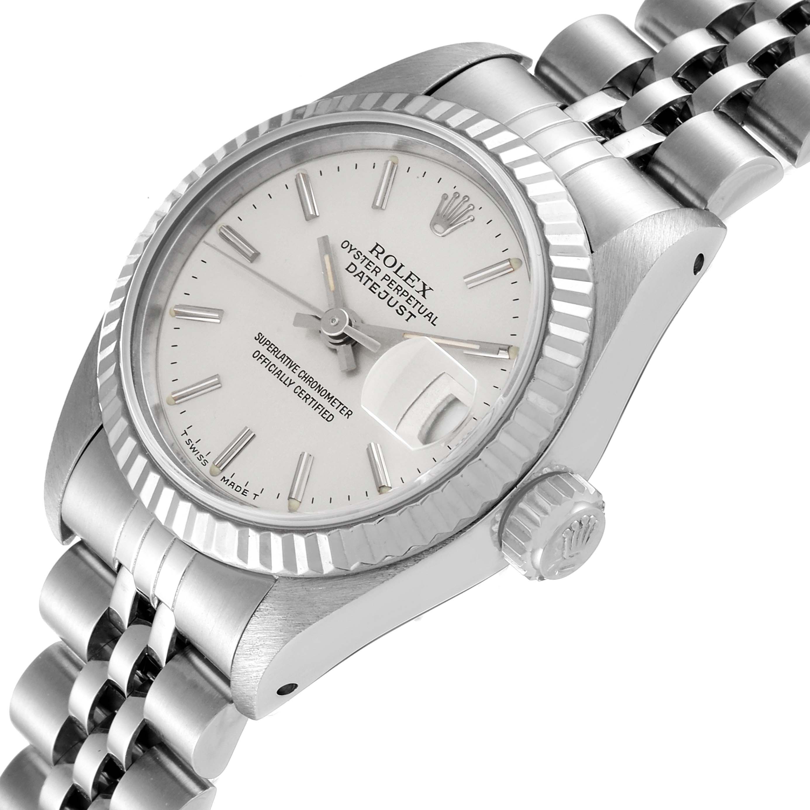This image shows a close-up angle of the Rolex Datejust 69174 Women's Stainless Steel Silver Dial 69174 Women's Stainless Steel Silver Dial, highlighting the dial, bezel, crown, and part of the bracelet.