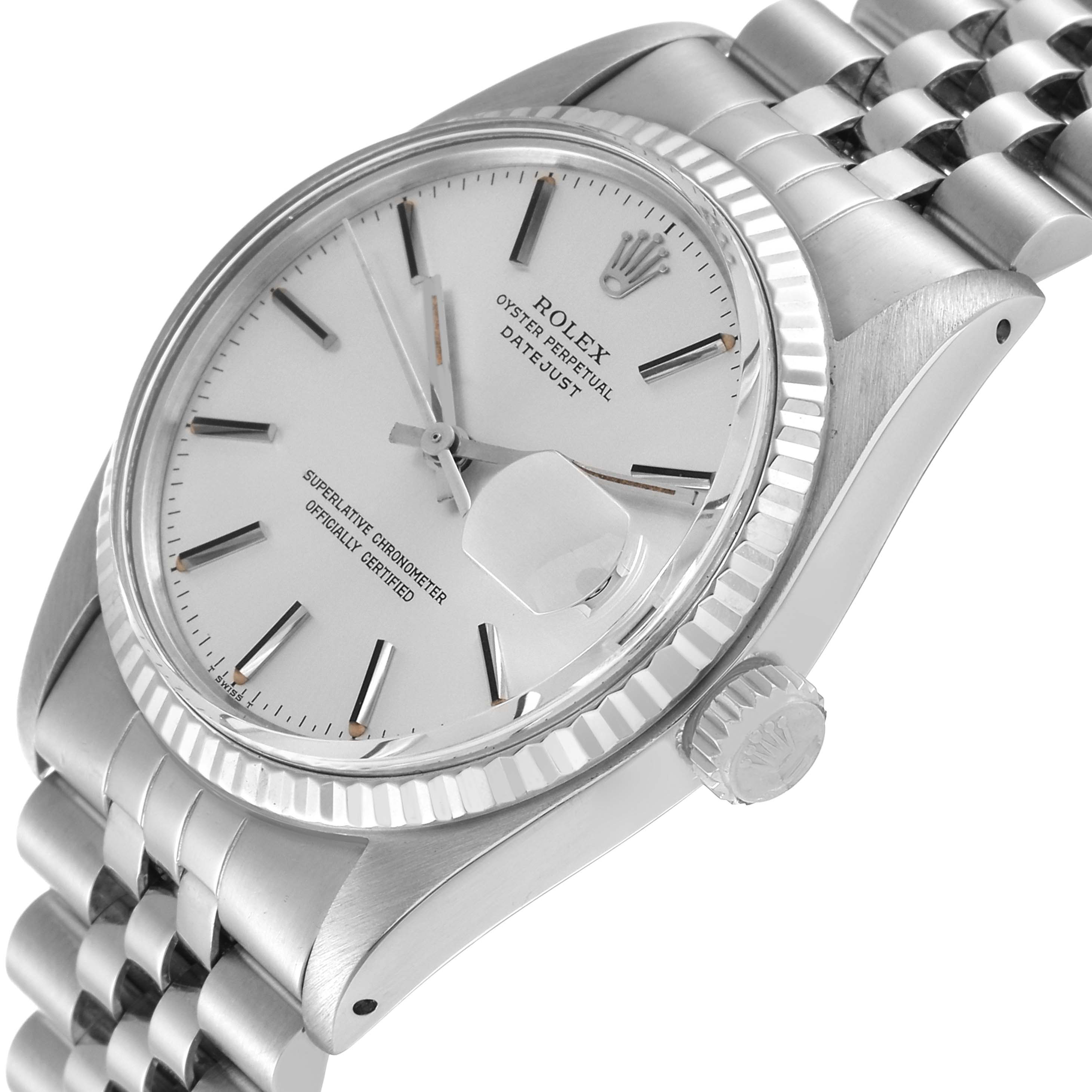 This Rolex Vintage Collection 16014 Men's Stainless Steel Silver Dial 16014 Men's Stainless Steel Silver Dial watch is shown from an angled front view, highlighting its face, crown, and part of the bracelet.
