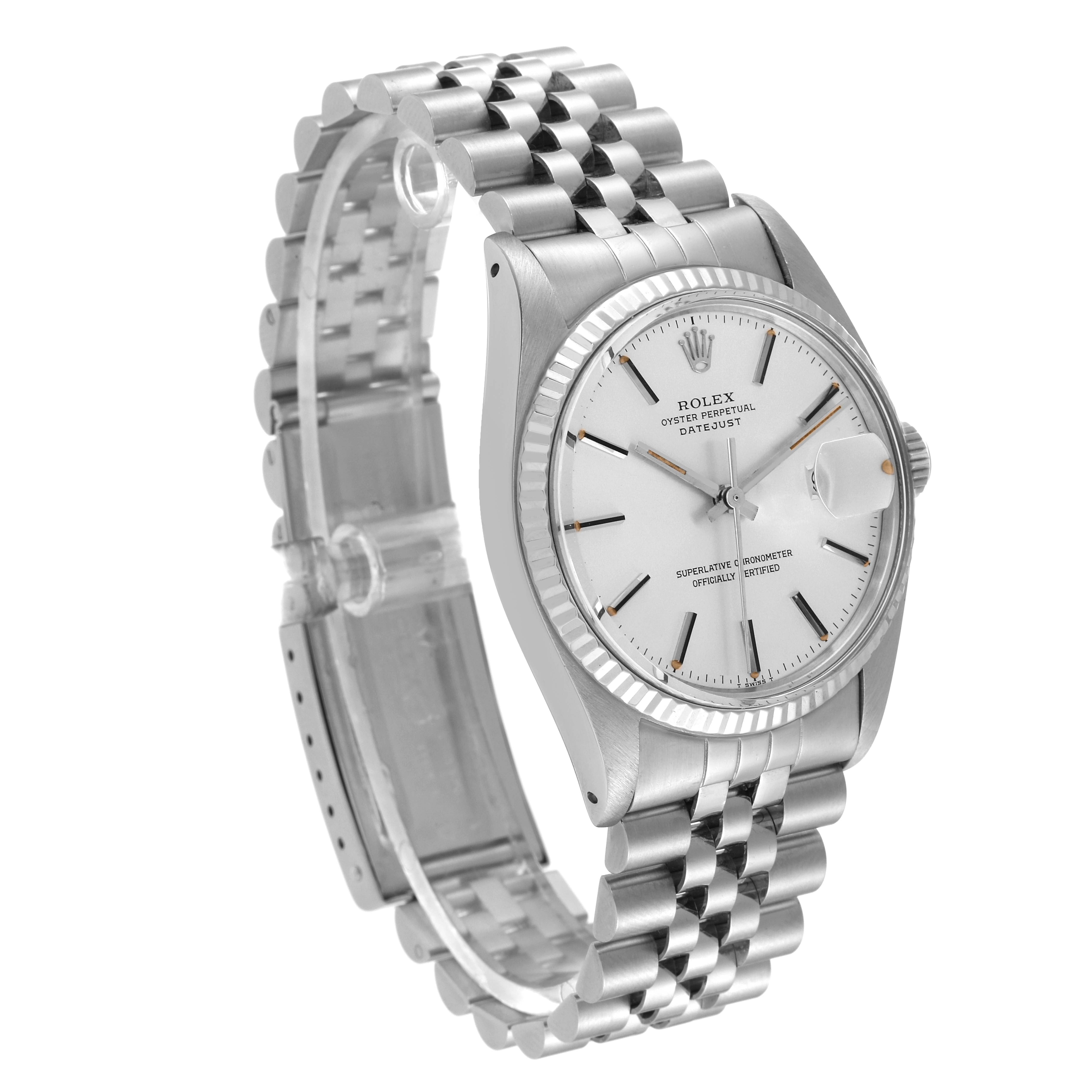 This image shows a three-fourths front angle of a Rolex Vintage Collection 16014 Men's Stainless Steel Silver Dial 16014 Men's Stainless Steel Silver Dial Datejust, highlighting the watch face and bracelet.