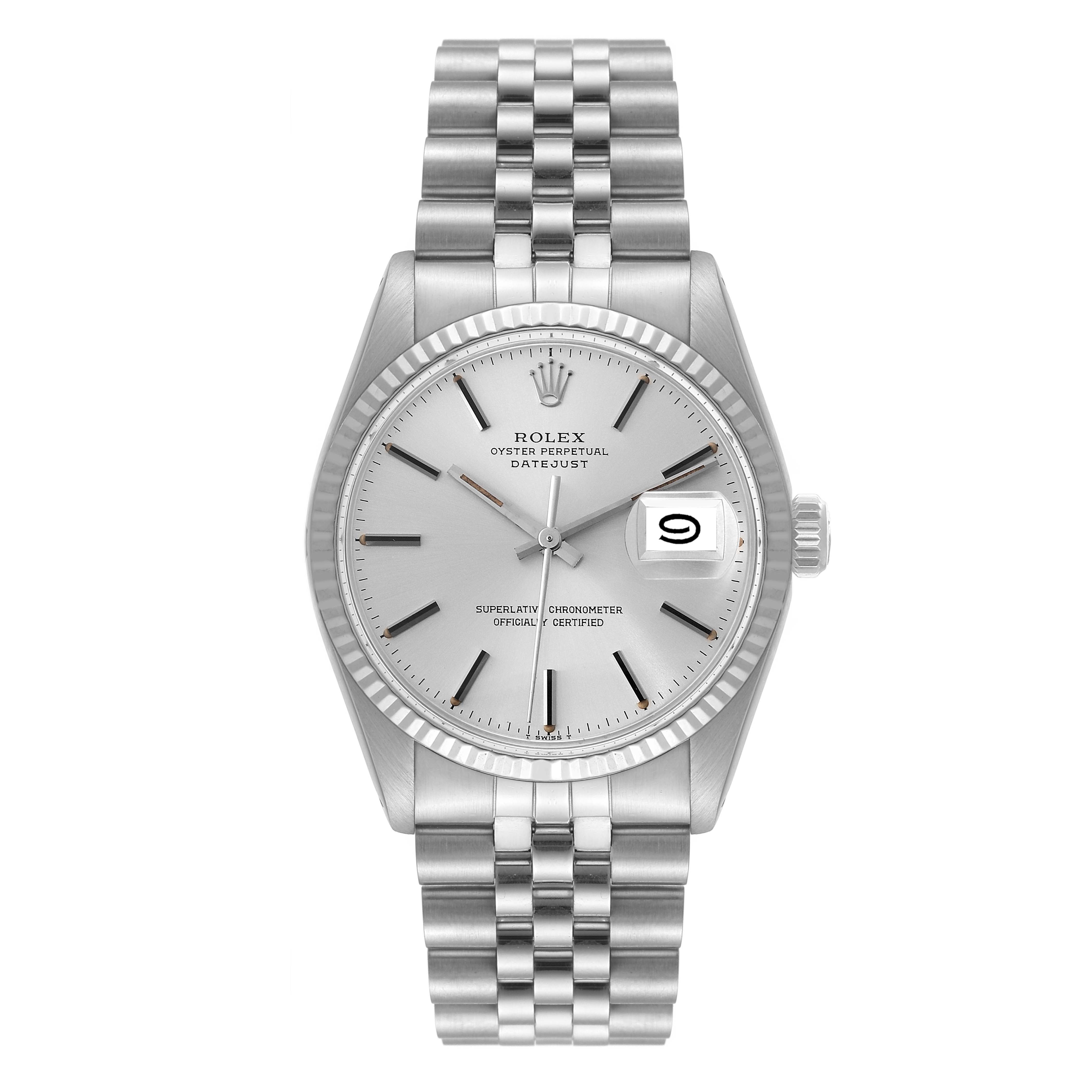 This image shows a front view of a Rolex Vintage Collection 16014 Men's Stainless Steel Silver Dial 16014 Men's Stainless Steel Silver Dial Oyster Perpetual Datejust watch with a date display.