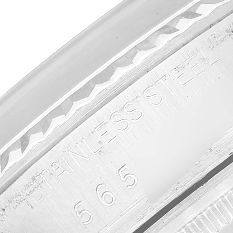 This close-up image shows the engraved stainless steel information on the case back of the Rolex Vintage Collection 16014 Men's Stainless Steel Silver Dial 16014 Men's Stainless Steel Silver Dial model.