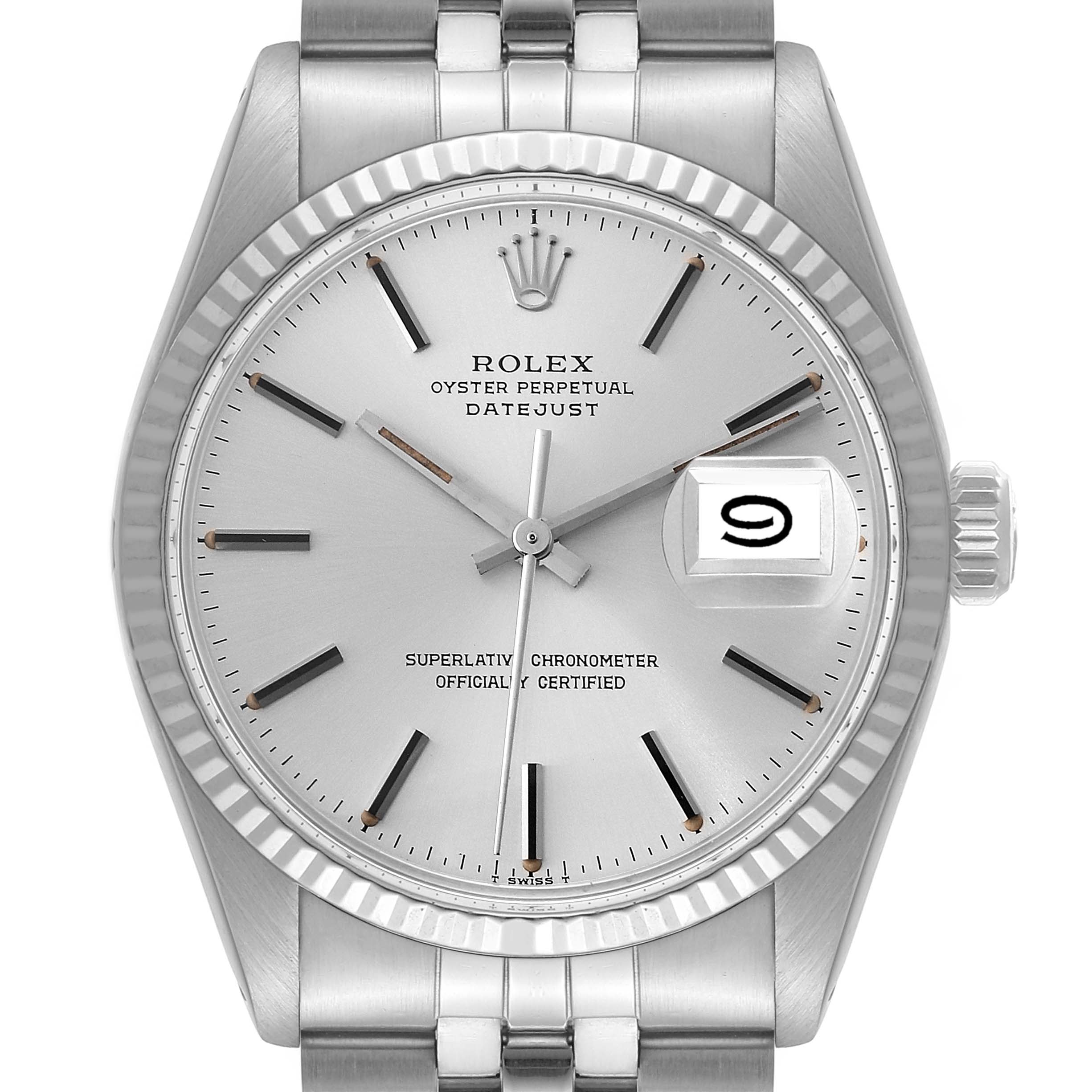 The image shows a Rolex Vintage Collection 16014 Men's Stainless Steel Silver Dial 16014 Men's Stainless Steel Silver Dial Datejust watch from a front angle, highlighting its face, bracelet, and date window.