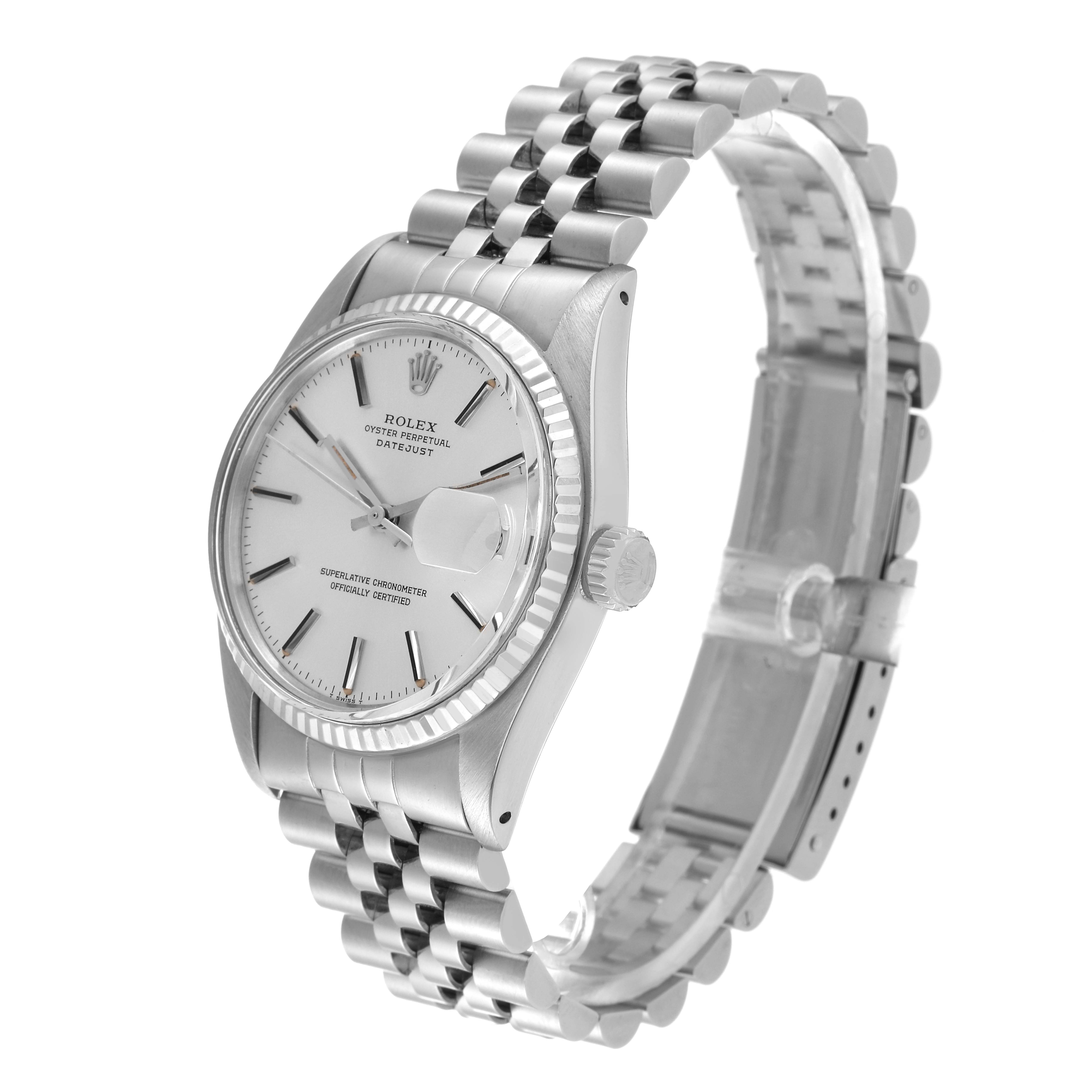 The image shows a Rolex Vintage Collection 16014 Men's Stainless Steel Silver Dial 16014 Men's Stainless Steel Silver Dial watch model, specifically highlighting its white dial, stainless steel case, and jubilee bracelet from an angled side view.