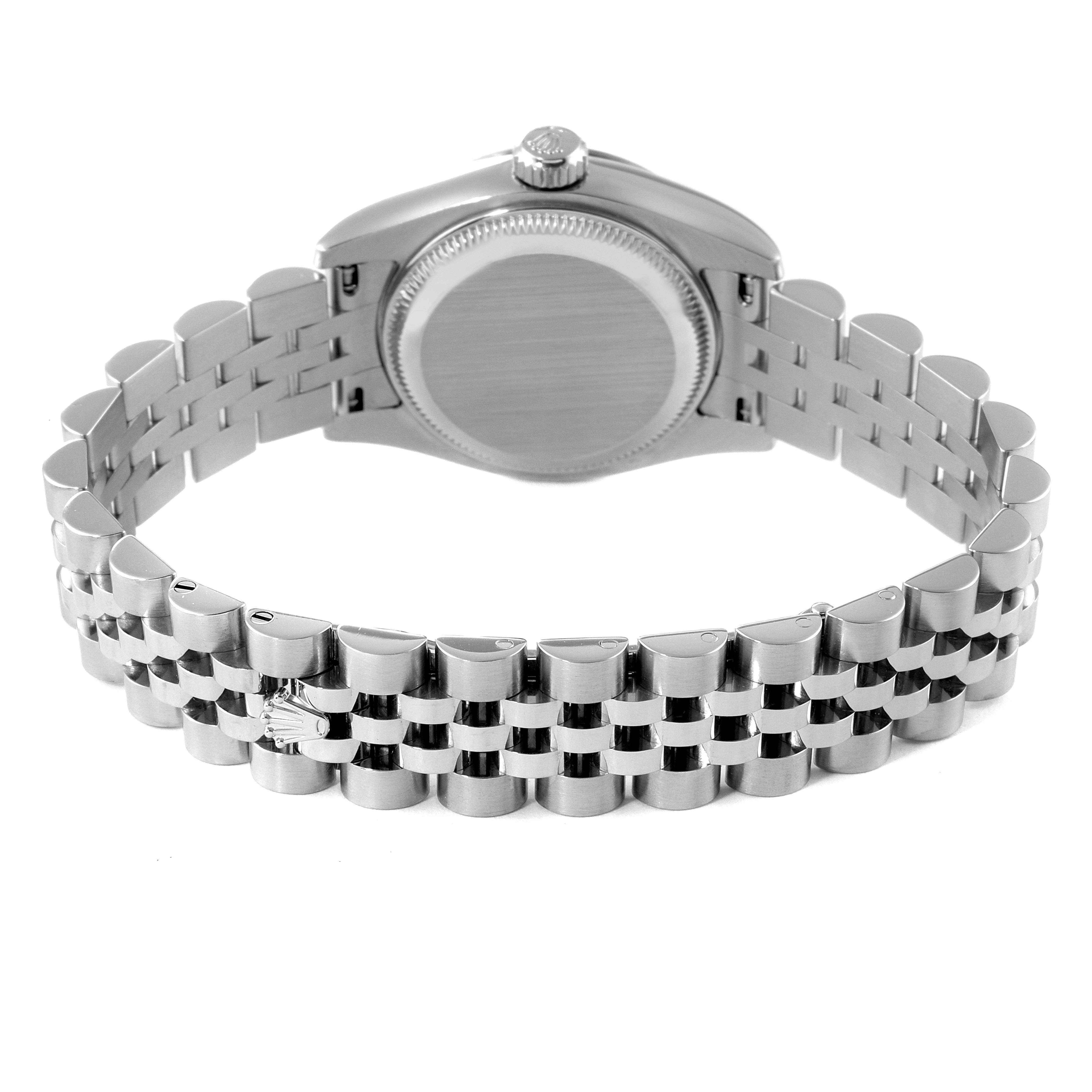 This image shows the backside of the Rolex Datejust 179174 Women
s Stainless Steel Silver Dial 179174 Women
s Stainless Steel Silver Dial watch, focusing on the case back and the bracelet.