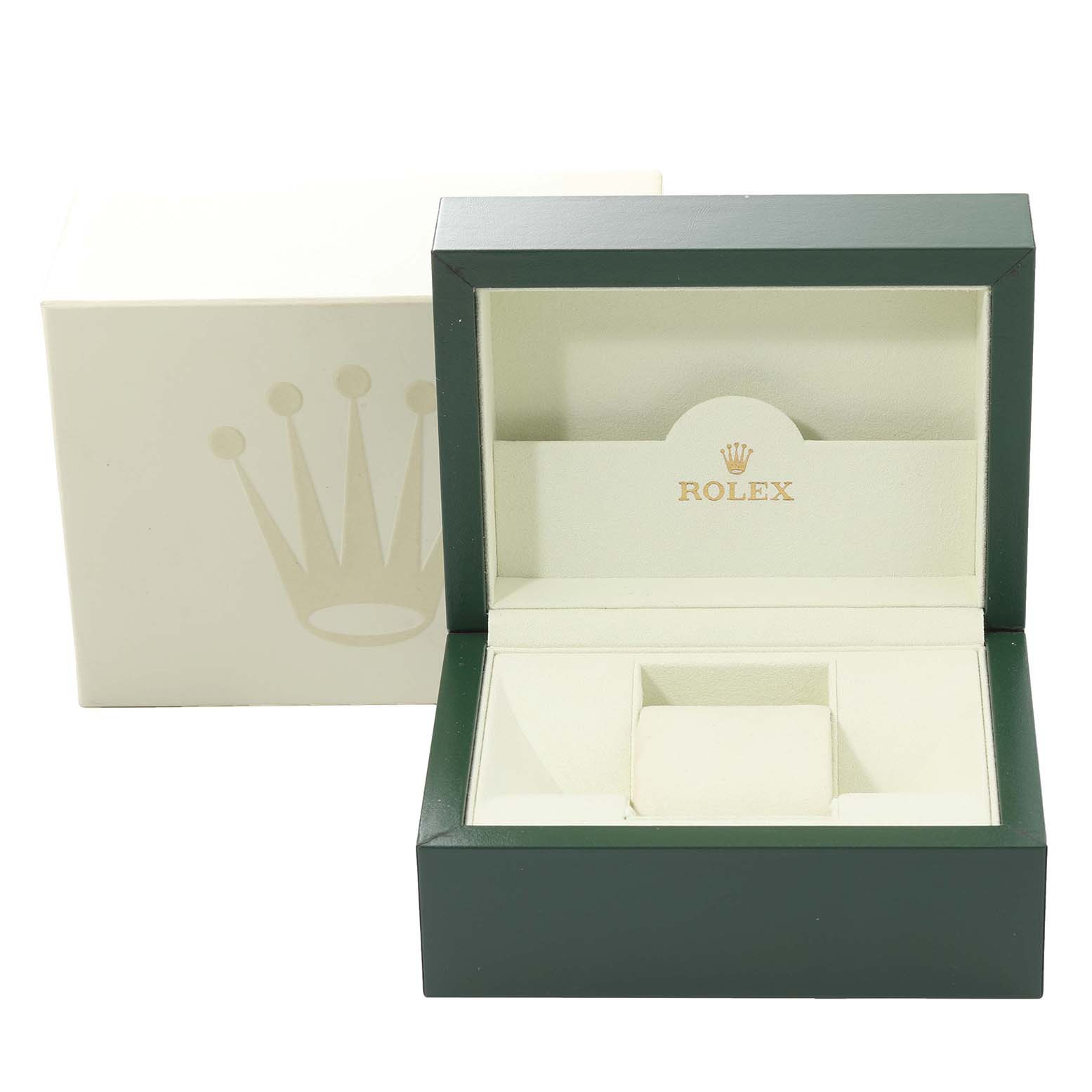 This is an open green and cream-colored Rolex Datejust 179174 Women's Stainless Steel Silver Dial 179174 Women's Stainless Steel Silver Dial watch box, with the lid lifted to show the interior compartments.