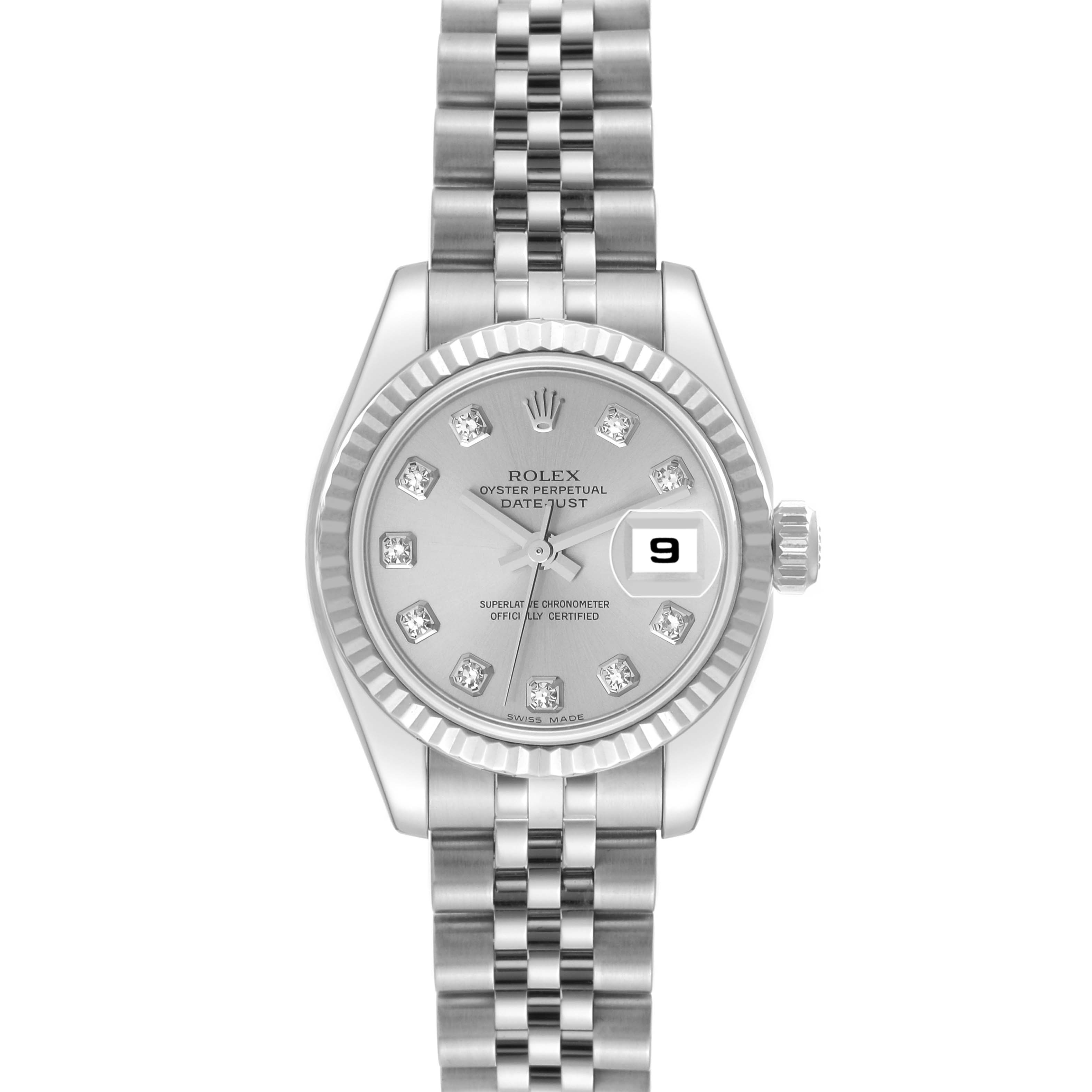 The image shows a Rolex Datejust 179174 Women's Stainless Steel Silver Dial 179174 Women's Stainless Steel Silver Dial watch from the front, highlighting the face, fluted bezel, jubilee bracelet, and date window.