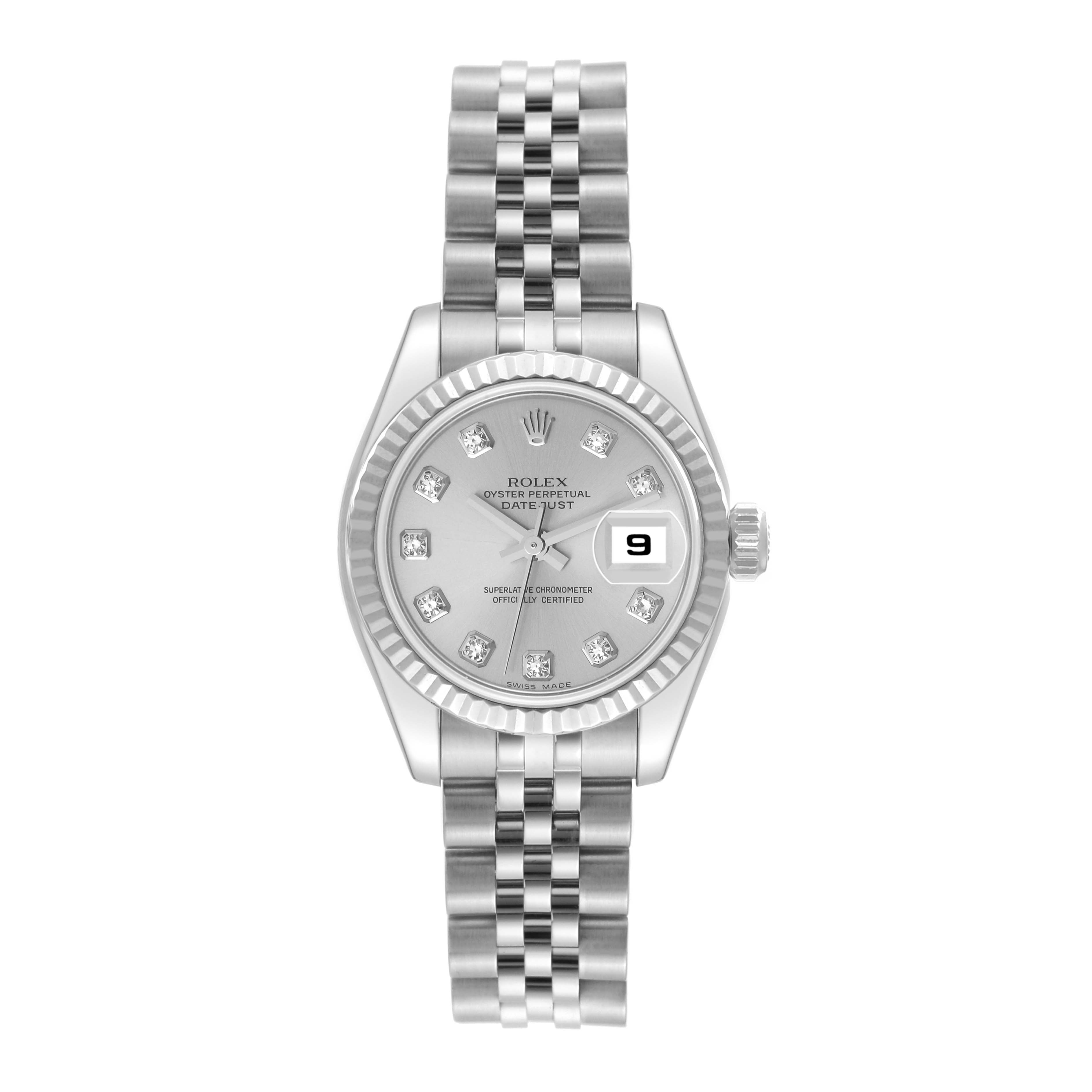 The image shows a front view of a Rolex Datejust 179174 Women's Stainless Steel Silver Dial 179174 Women's Stainless Steel Silver Dial watch, displaying its dial, bezel, and Jubilee bracelet.