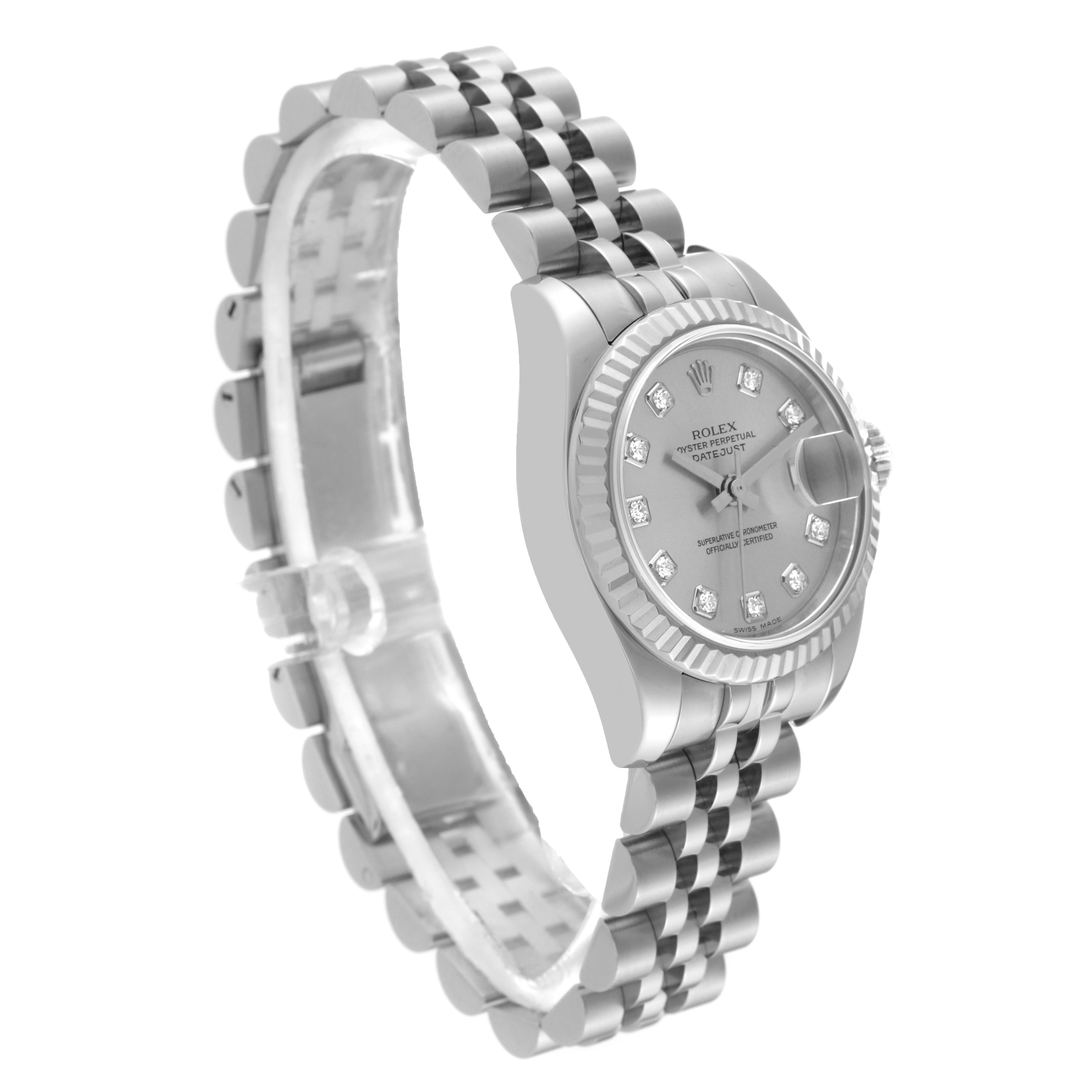 This image shows a Rolex Datejust 179174 Women's Stainless Steel Silver Dial 179174 Women's Stainless Steel Silver Dial watch from a front-side angle, highlighting the face, bezel, and jubilee bracelet.