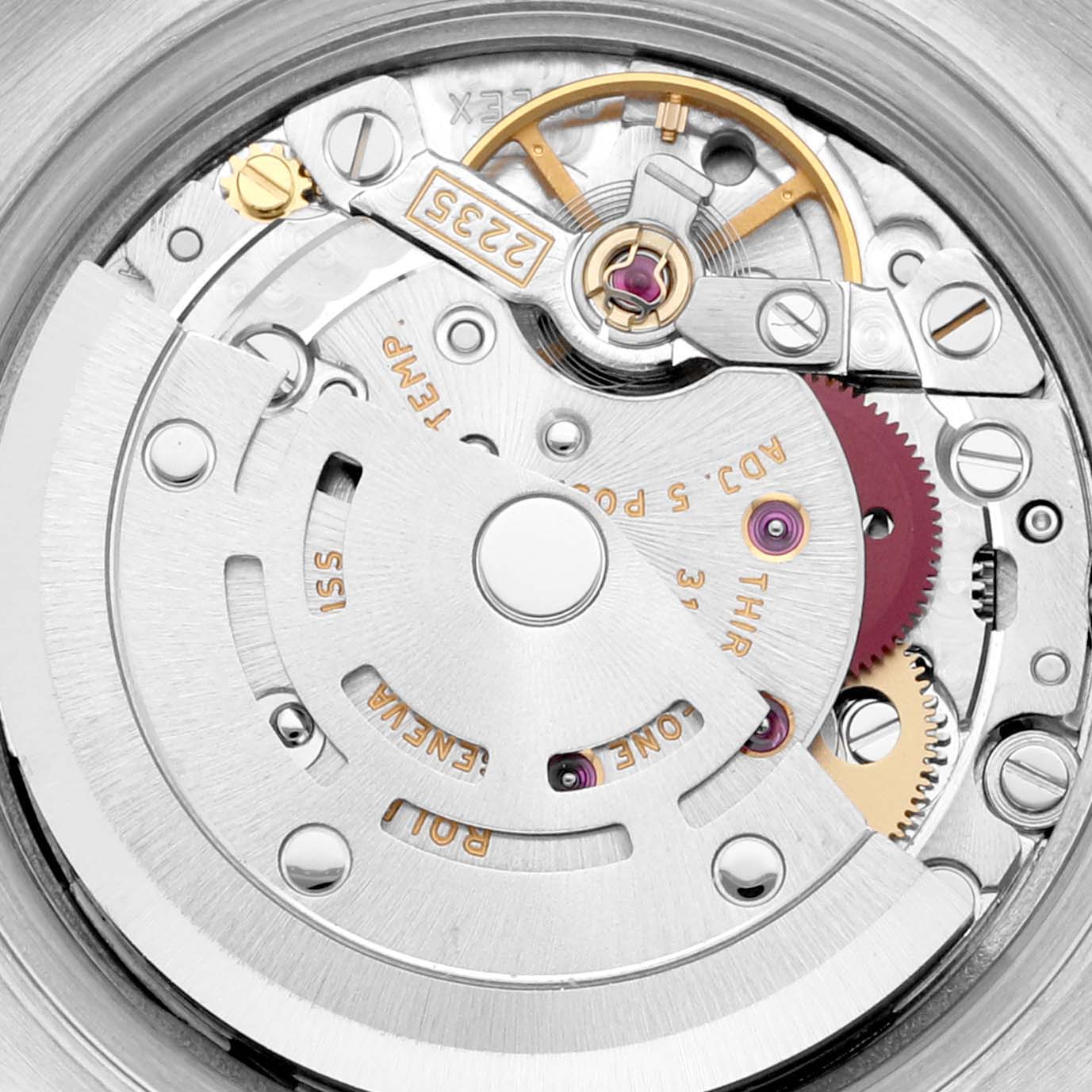 The image shows a close-up of the movement mechanism inside a Rolex Datejust 179174 Women's Stainless Steel Silver Dial 179174 Women's Stainless Steel Silver Dial watch.