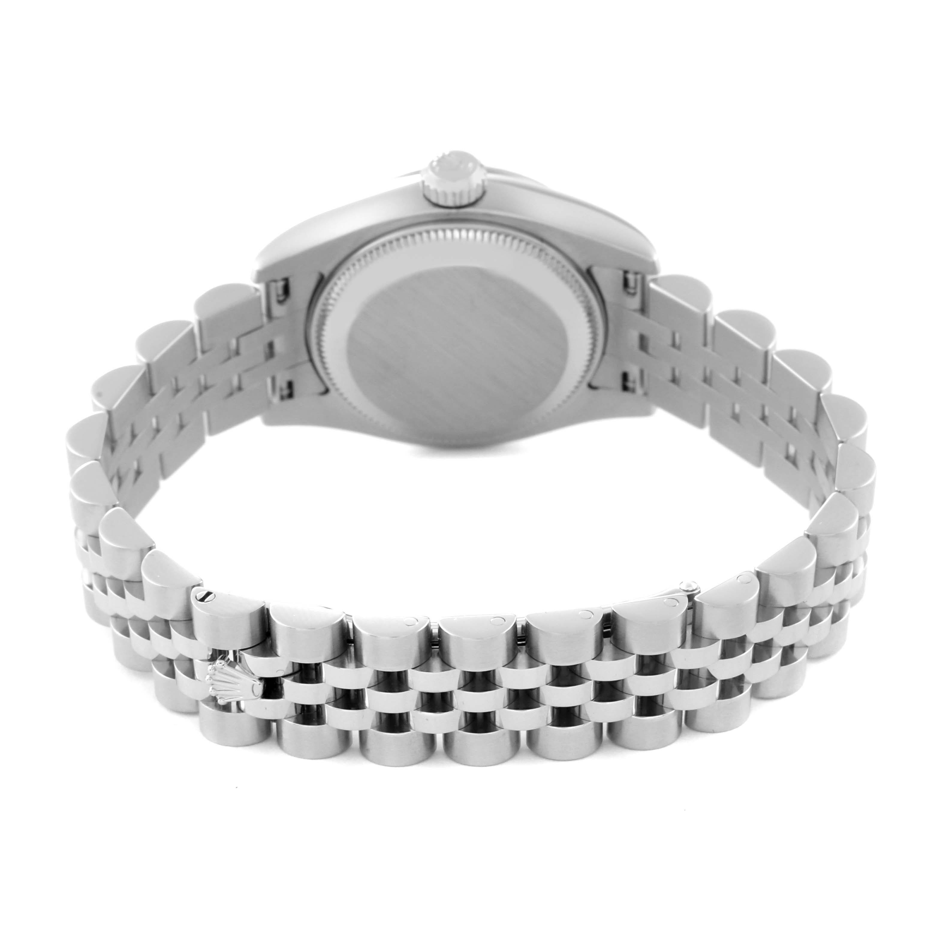 The image shows the back view of a Rolex Datejust 179174 Women's Stainless Steel Silver Dial 179174 Women's Stainless Steel Silver Dial watch, highlighting its case back and bracelet.