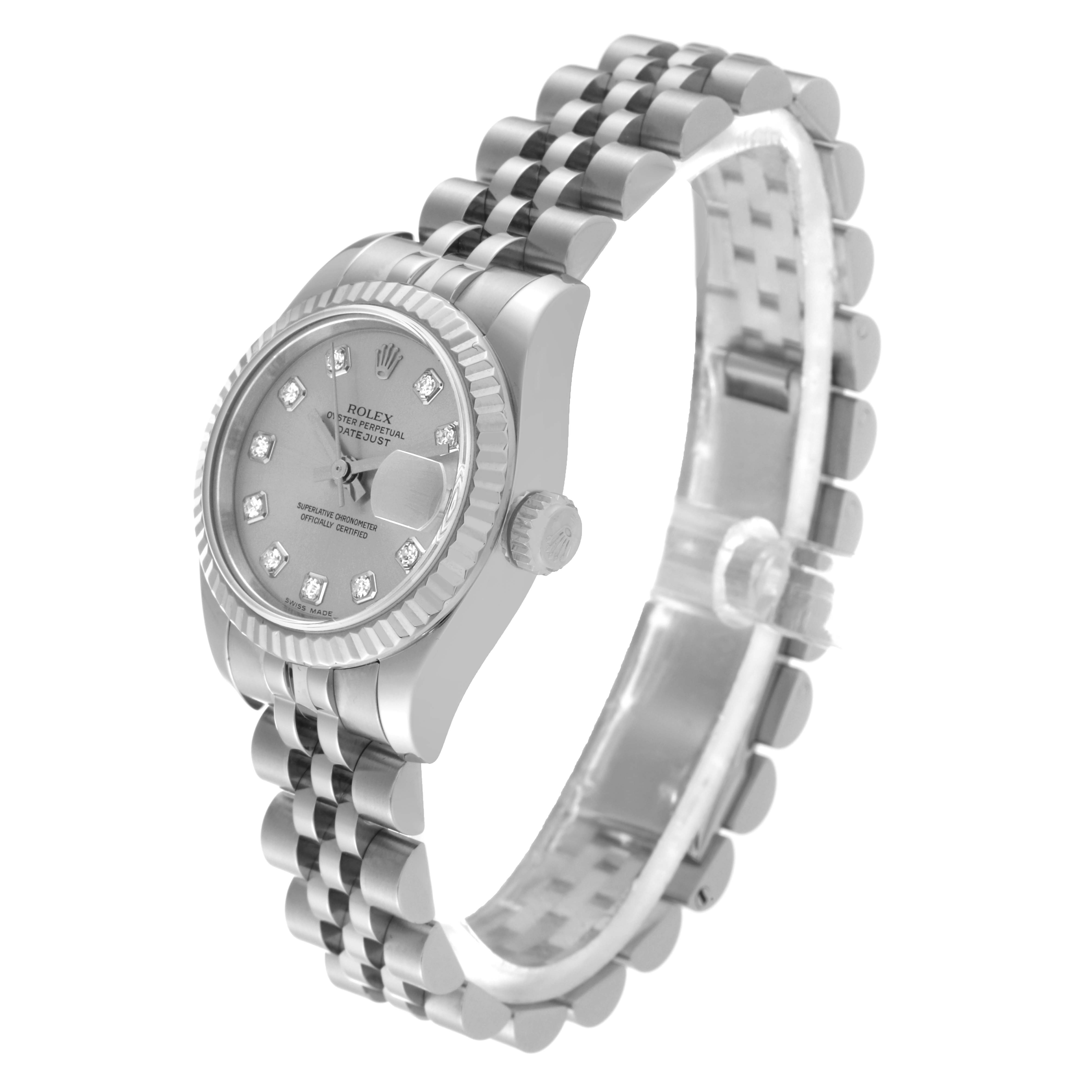 The image shows a Rolex Datejust 179174 Women's Stainless Steel Silver Dial 179174 Women's Stainless Steel Silver Dial watch angled from the front-right, highlighting the dial, bezel, and bracelet.