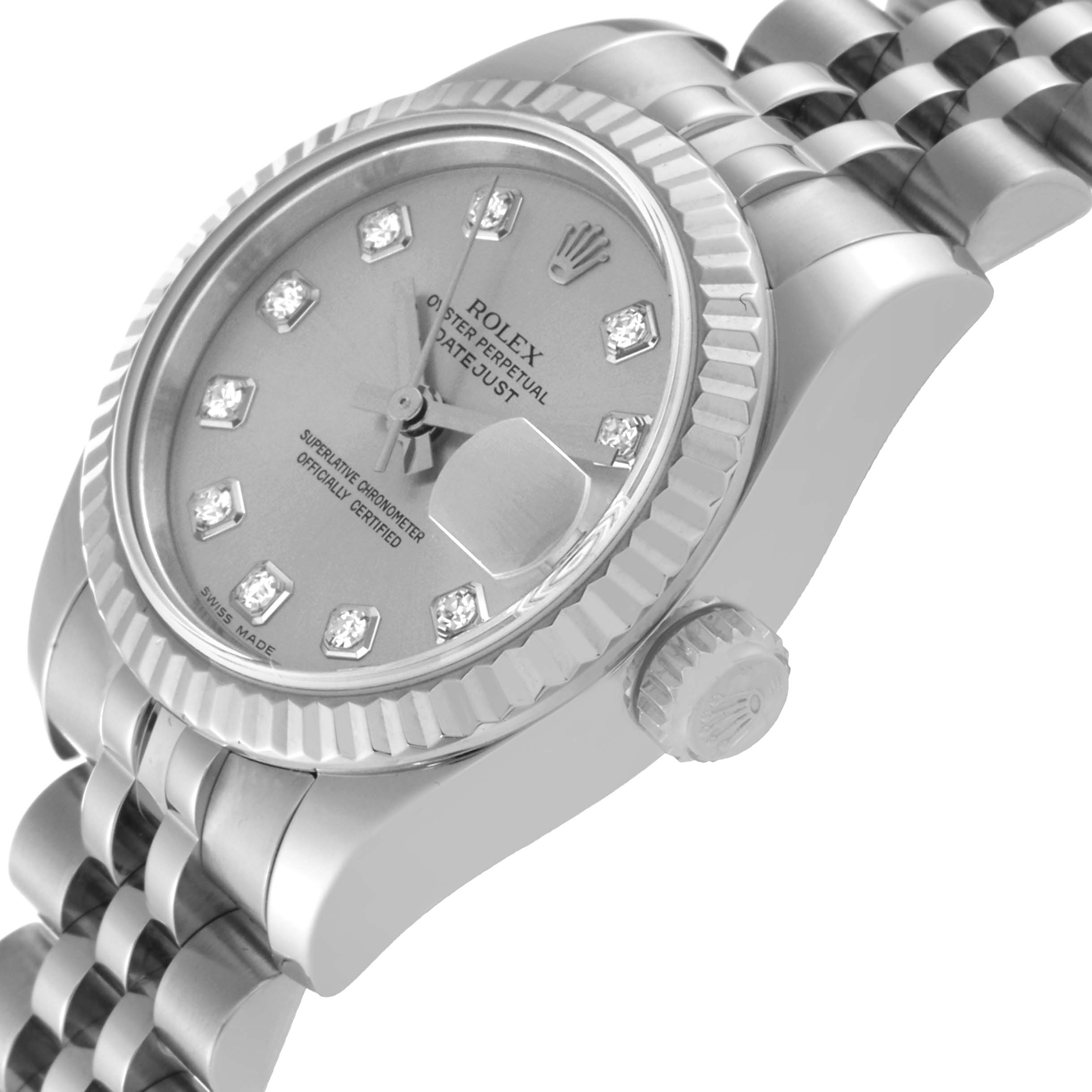 The image shows a close-up and angled view of a Rolex Datejust 179174 Women's Stainless Steel Silver Dial 179174 Women's Stainless Steel Silver Dial watch, highlighting its dial, crown, bezel, and bracelet.