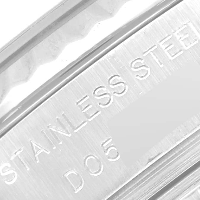 This image shows a close-up of the stainless steel engraving on the Rolex Datejust 179174 Women's Stainless Steel Silver Dial 179174 Women's Stainless Steel Silver Dial watch case.