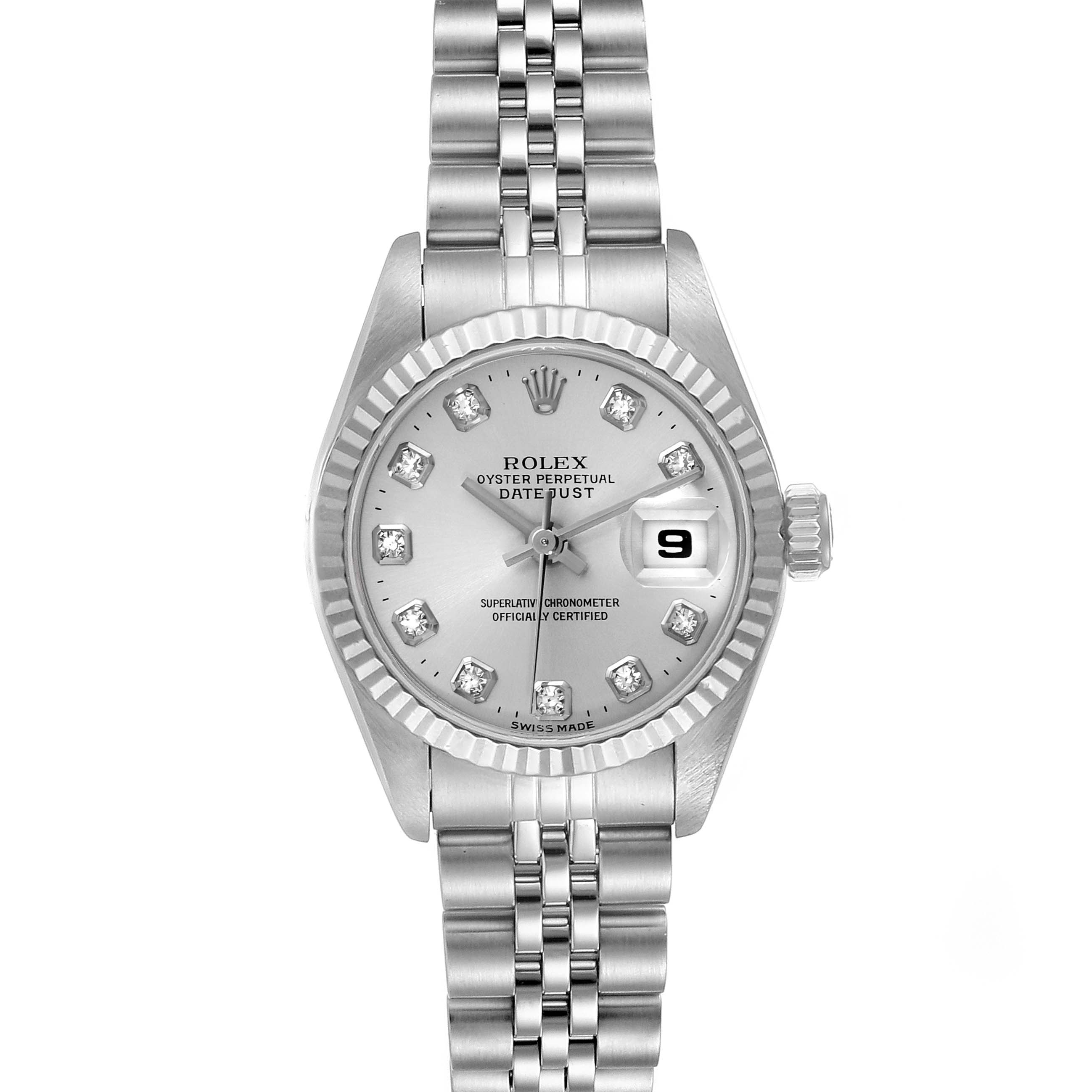 The image shows a front view of a Rolex Datejust 69174 Women
s Stainless Steel Silver Dial 69174 Women
s Stainless Steel Silver Dial watch with a silver dial and a Jubilee bracelet.