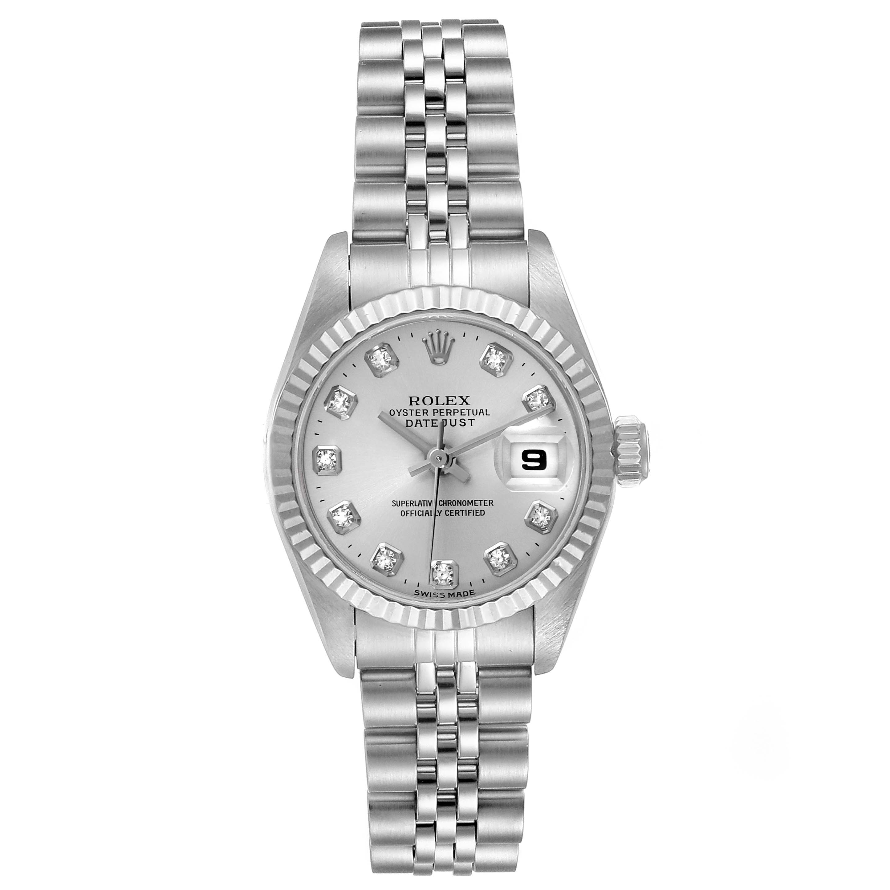 This image shows a Rolex Datejust 69174 Women
s Stainless Steel Silver Dial 69174 Women
s Stainless Steel Silver Dial watch from a front view, displaying its dial, bezel, bracelet, and crown.
