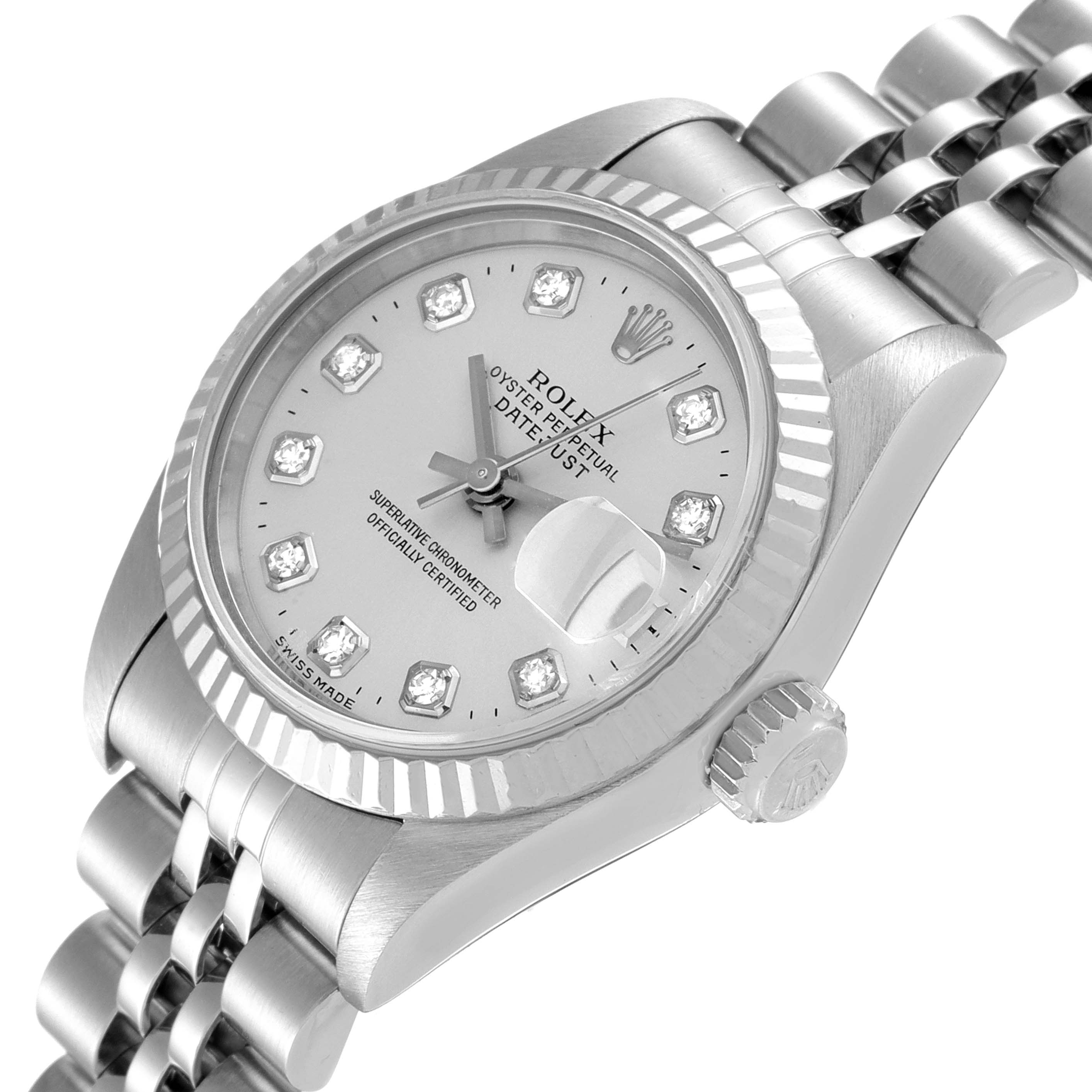 The image shows a close-up angled view of the Rolex Datejust 69174 Women
s Stainless Steel Silver Dial 69174 Women
s Stainless Steel Silver Dial watch, focusing on its dial, bezel, and part of the bracelet.