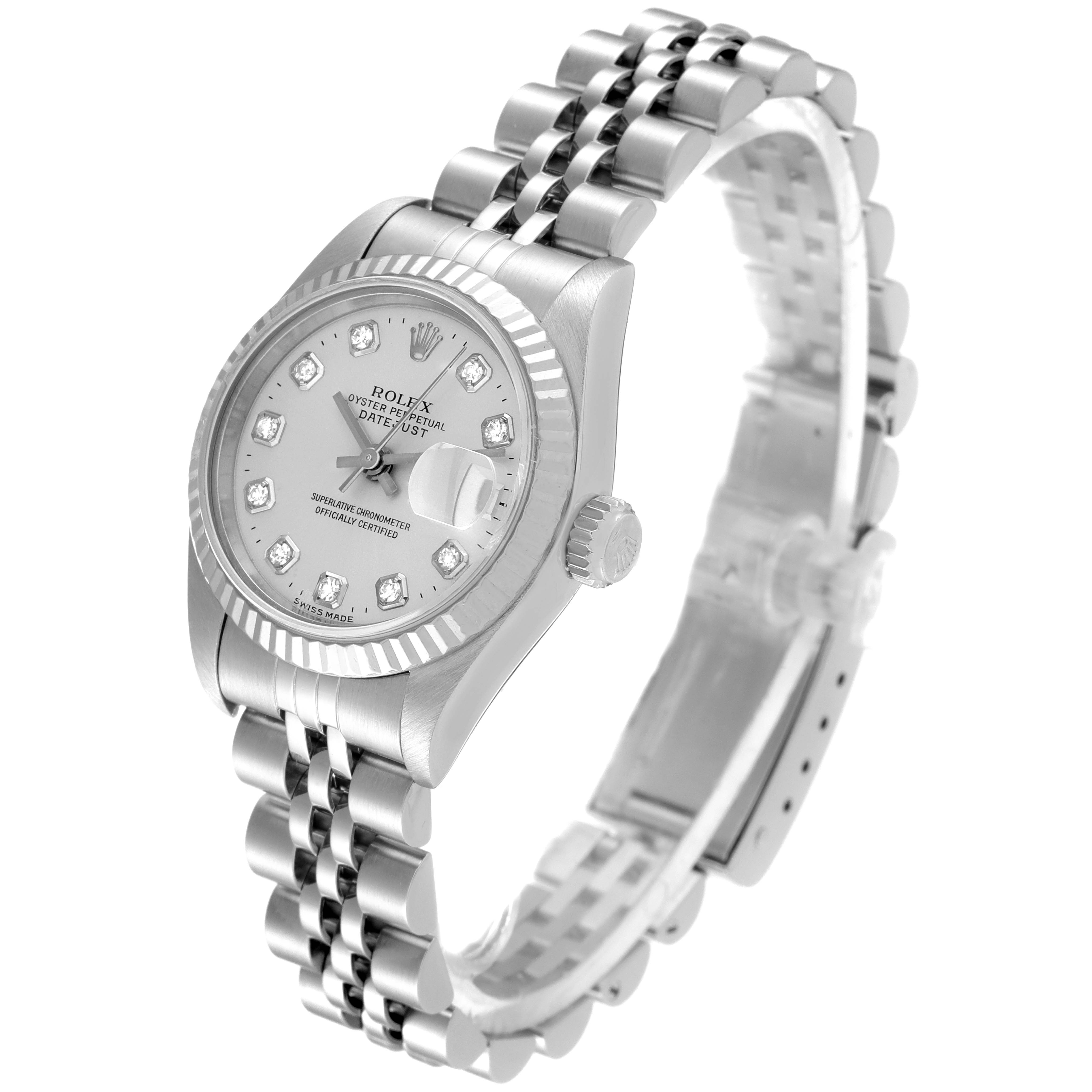 The image shows a Rolex Datejust 69174 Women
s Stainless Steel Silver Dial 69174 Women
s Stainless Steel Silver Dial watch from an angled top view, highlighting the face, bezel, and part of the bracelet.