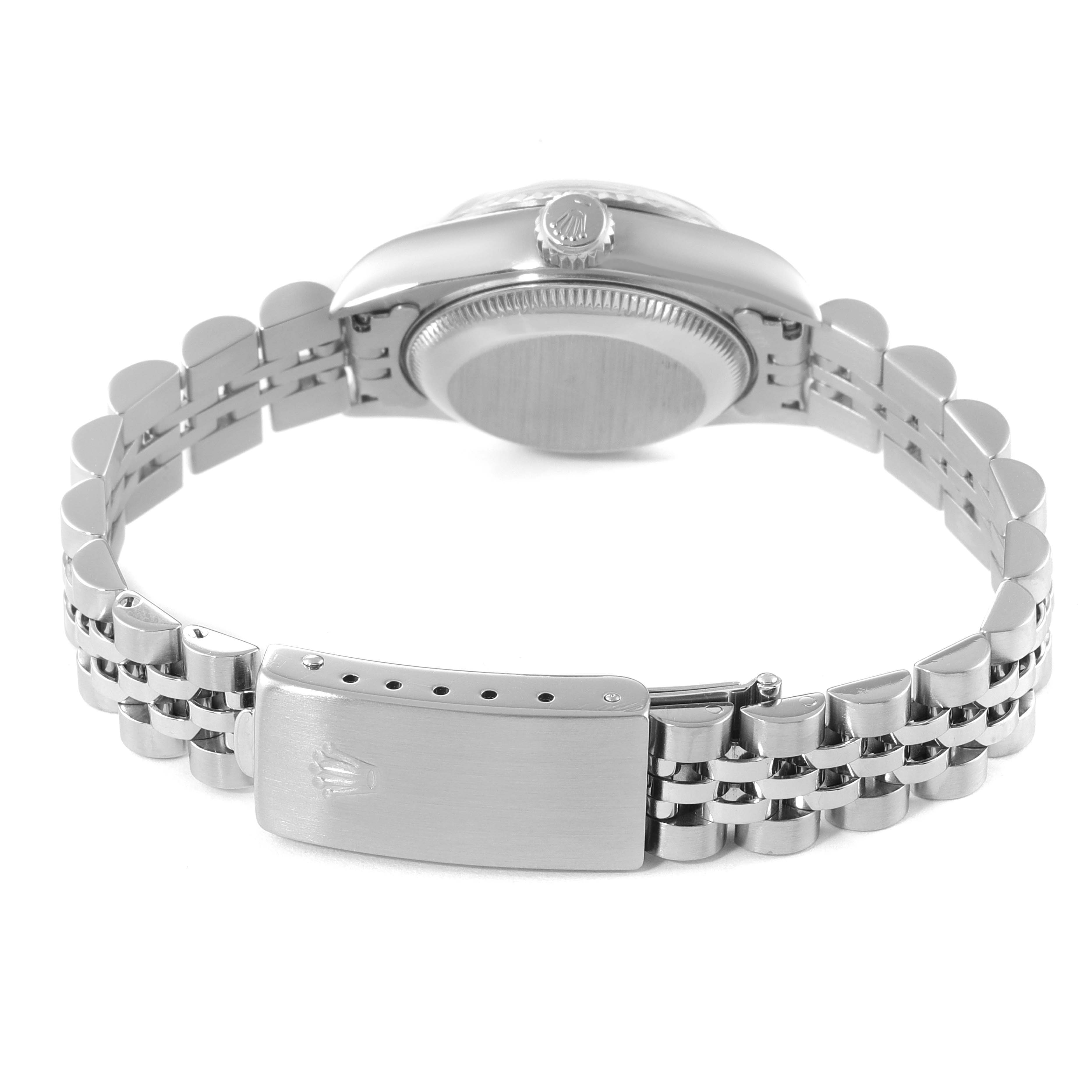 This image shows the rear view of the Rolex Datejust 69174 Women
s Stainless Steel Silver Dial 69174 Women
s Stainless Steel Silver Dial watch, focusing on the bracelet and clasp.