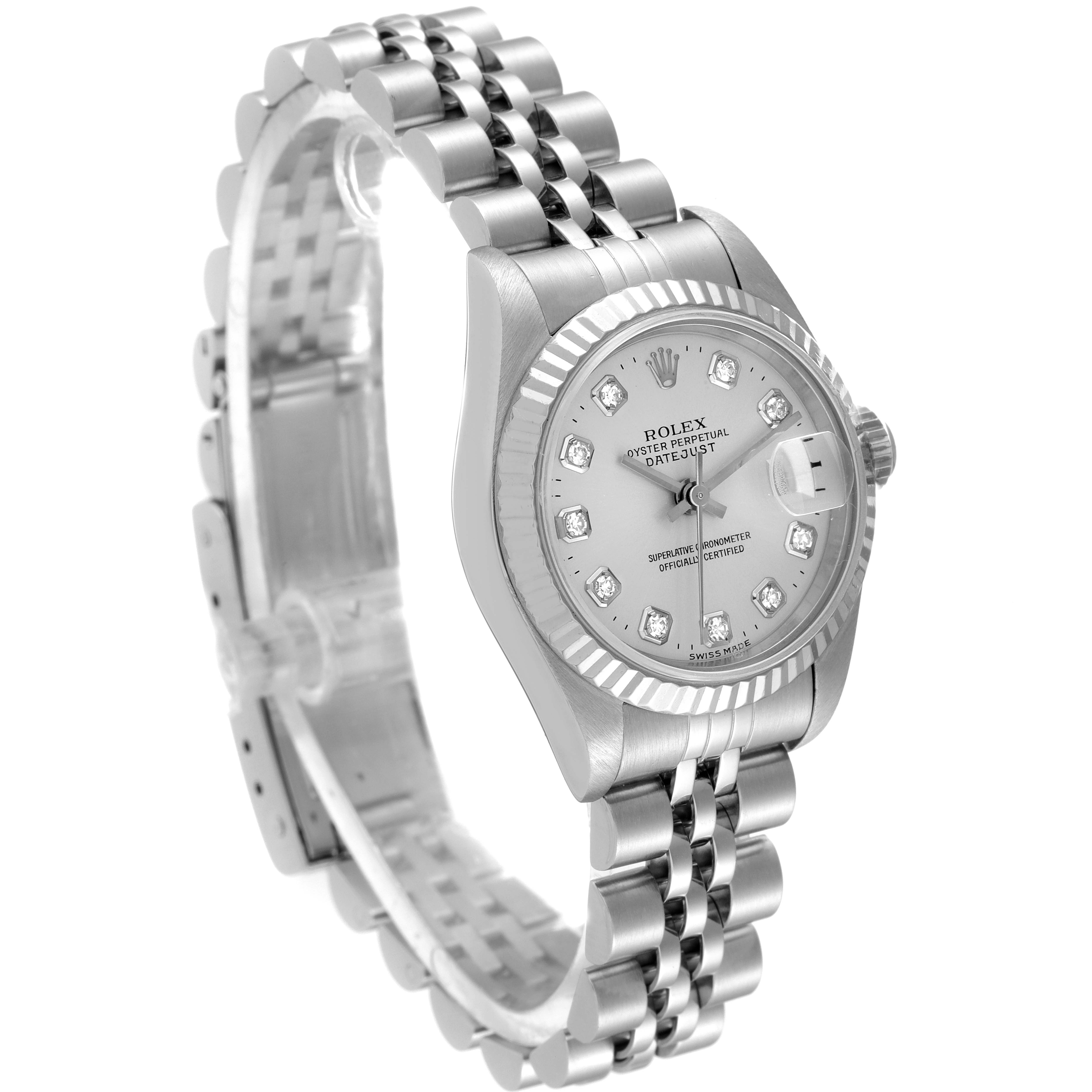 This image shows a Rolex Datejust 69174 Women
s Stainless Steel Silver Dial 69174 Women
s Stainless Steel Silver Dial watch at a three-quarter angle, highlighting the dial, bezel, and jubilee bracelet.