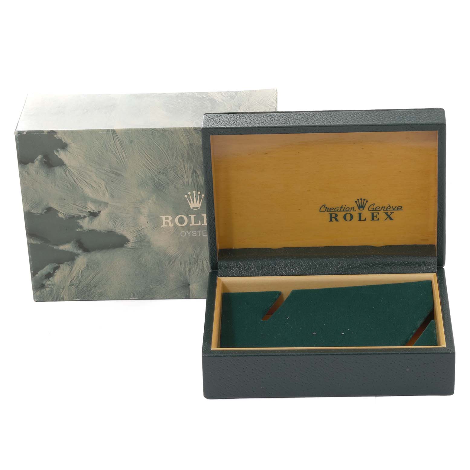 The image shows an open Rolex Vintage Collection 16014 Men
s Stainless Steel Silver Dial 16014 Men
s Stainless Steel Silver Dial watch box and its outer packaging from a front angle.