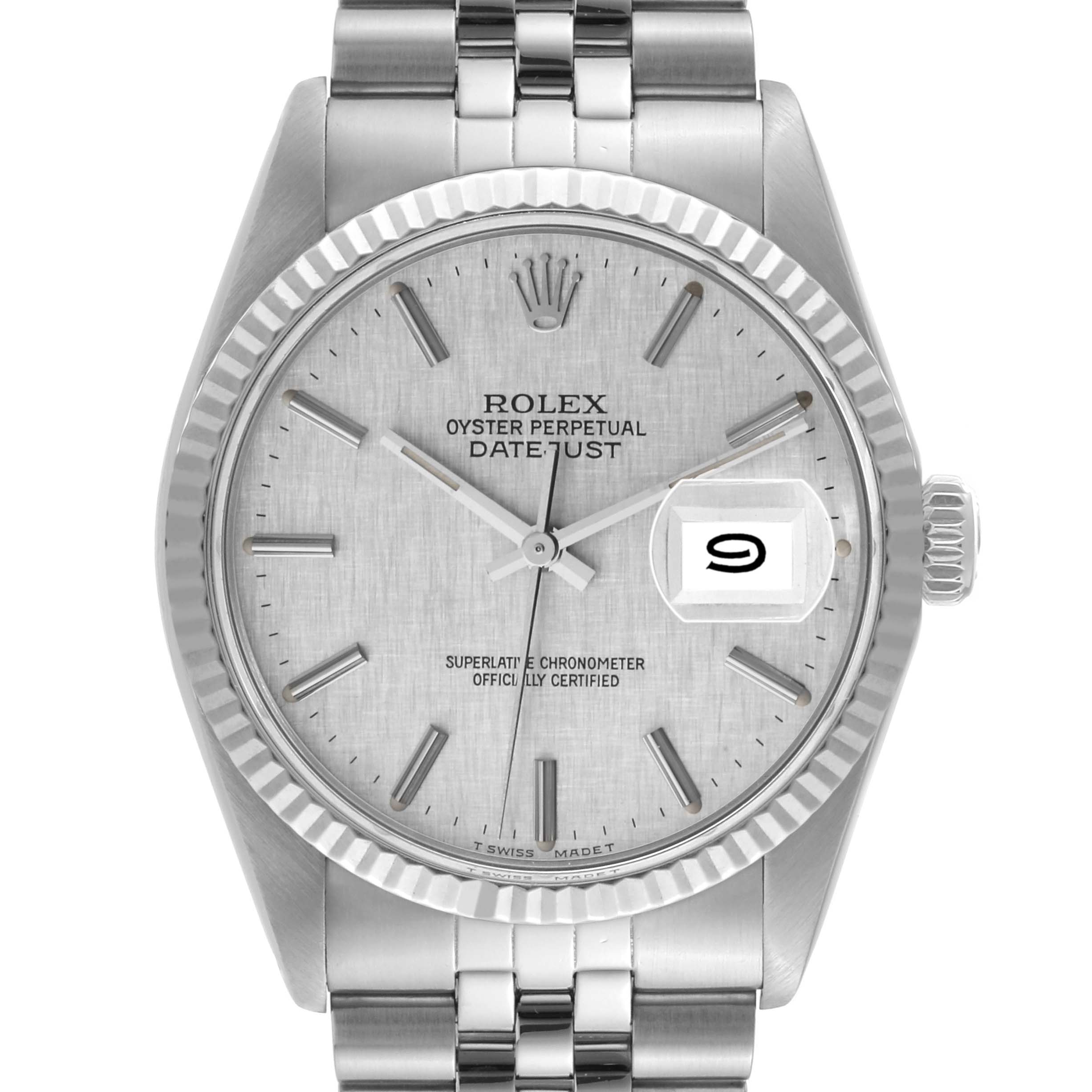 This is a frontal view of a Rolex Vintage Collection 16014 Men
s Stainless Steel Silver Dial 16014 Men
s Stainless Steel Silver Dial model watch, showcasing the dial, hands, bracelet, and date display.
