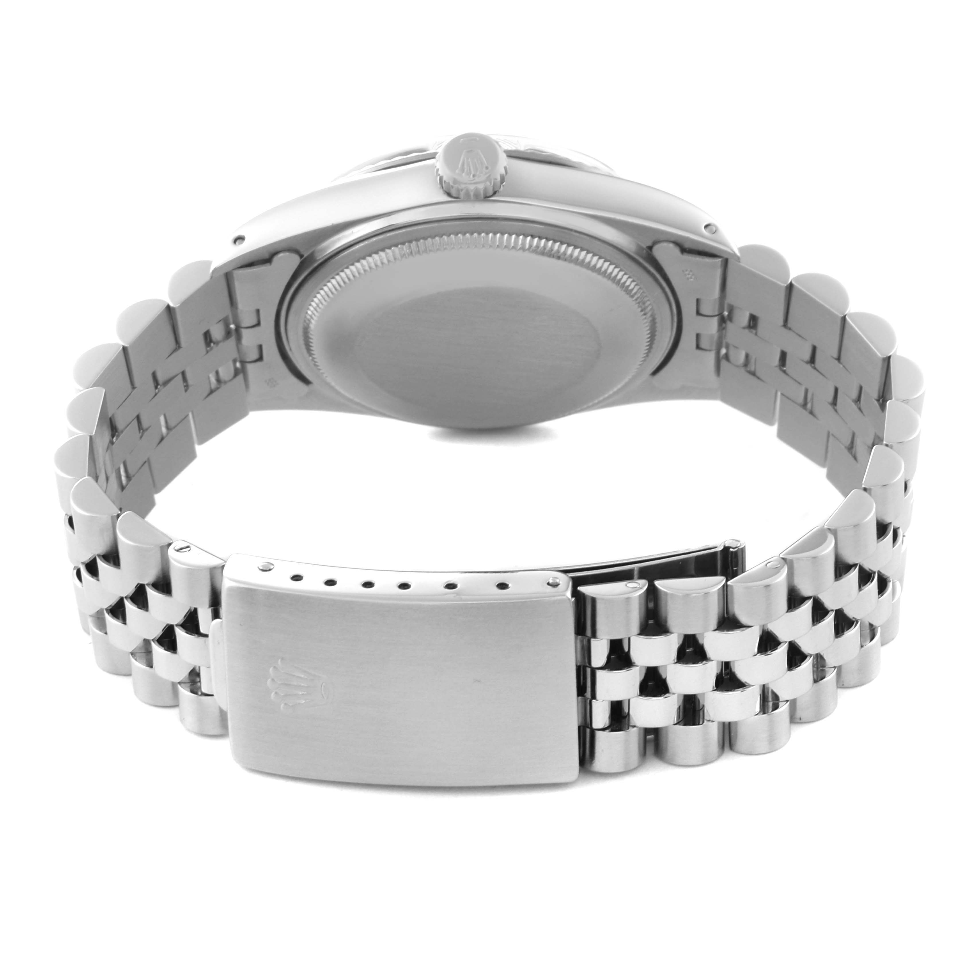 The image shows the back of the Rolex Vintage Collection 16014 Men
s Stainless Steel Silver Dial 16014 Men
s Stainless Steel Silver Dial model, highlighting the case back and clasp.