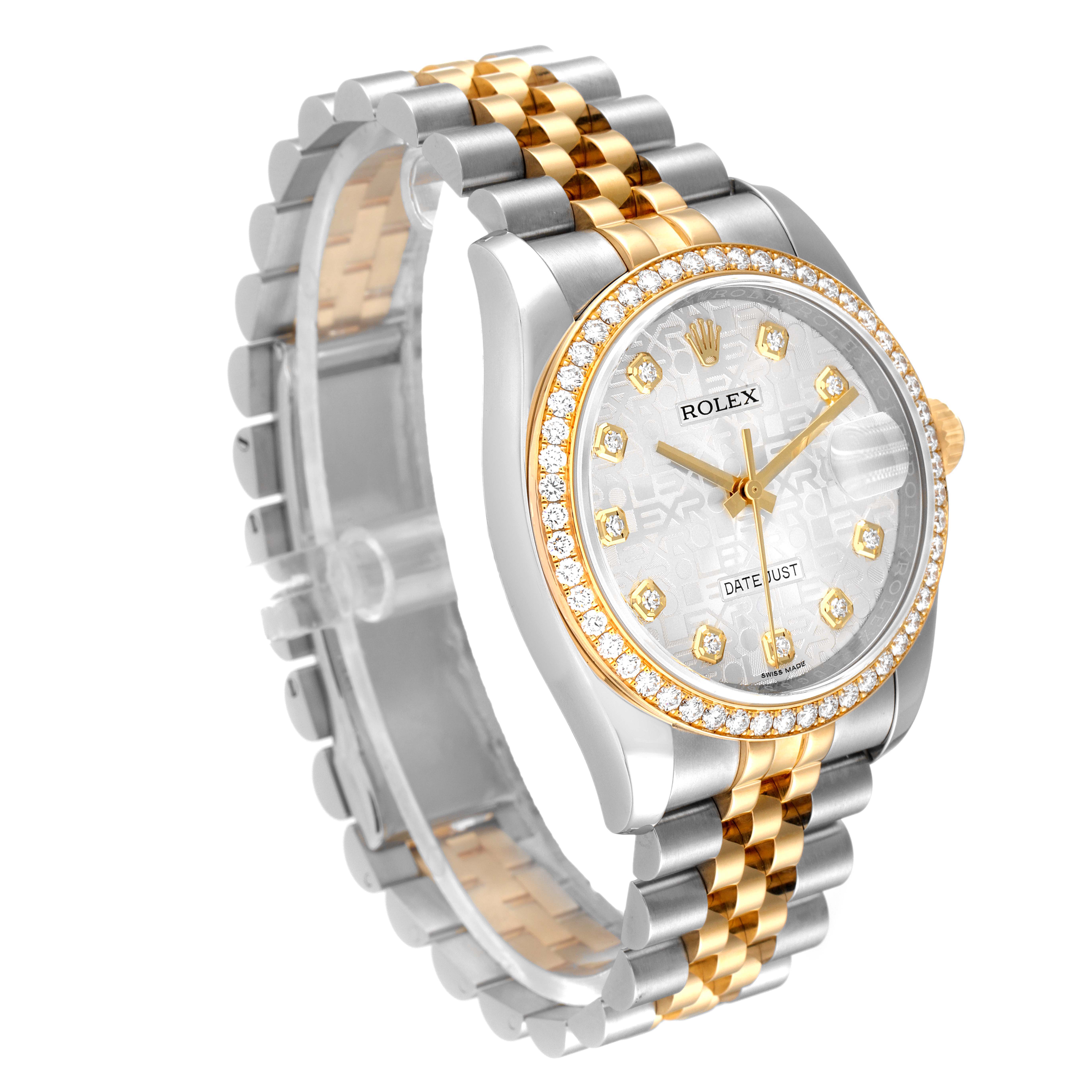 The image shows a Rolex Datejust 116243 Men's Steel and Gold (two tone) Silver Dial 116243 Men's Steel and Gold (two tone) Silver Dial watch at an angle highlighting its face, bezel, and two-tone bracelet made of steel and gold.