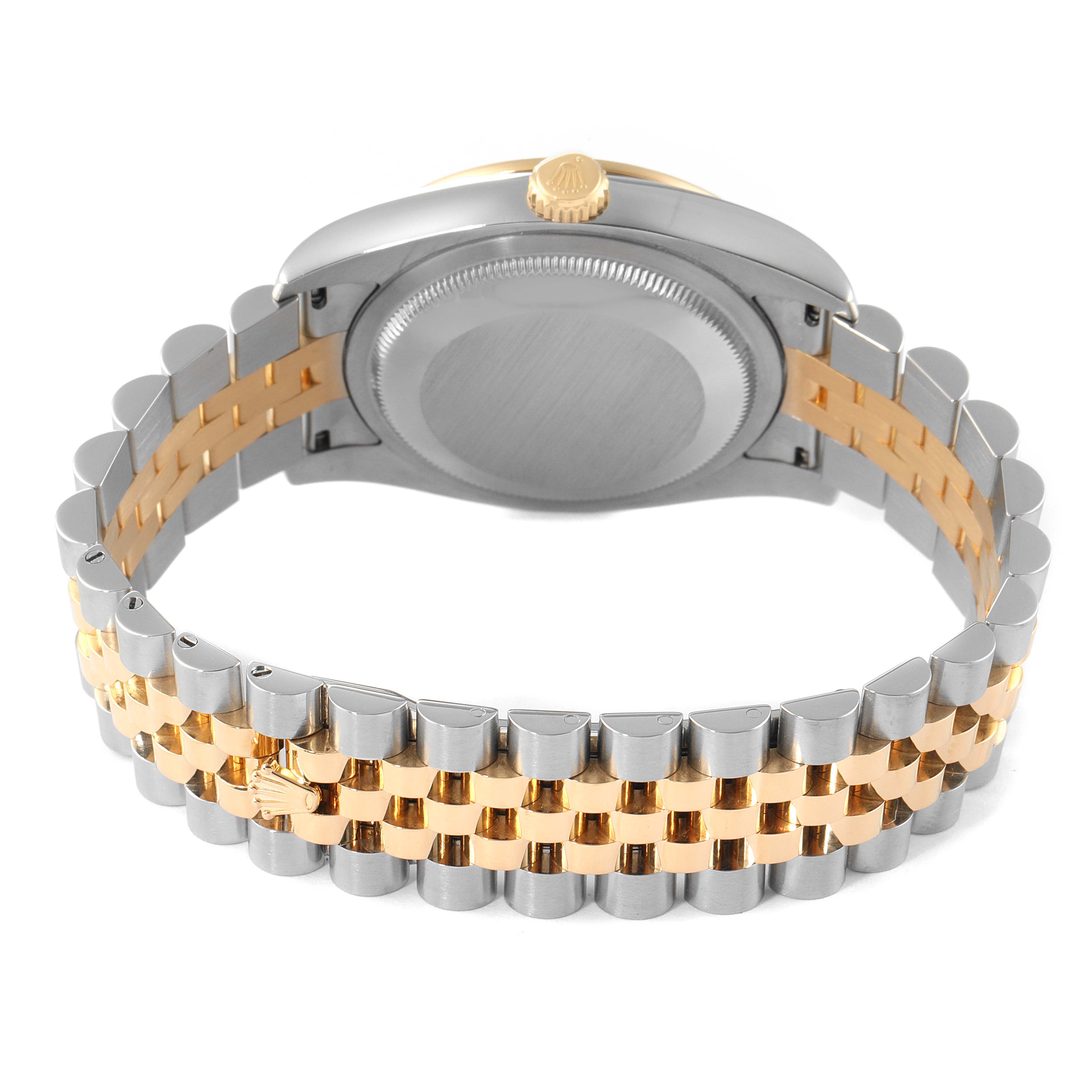 The image shows the back case and bracelet of a Rolex Datejust 116243 Men's Steel and Gold (two tone) Silver Dial 116243 Men's Steel and Gold (two tone) Silver Dial watch, displaying the two-tone metal design and the crown logo on the clasp.