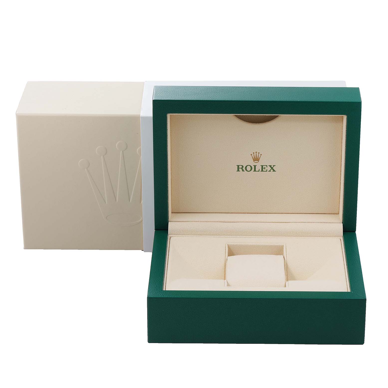 This image shows the open box for a Rolex Datejust 116243 Men's Steel and Gold (two tone) Silver Dial 116243 Men's Steel and Gold (two tone) Silver Dial watch, including the inner cushion and the outer protective box.