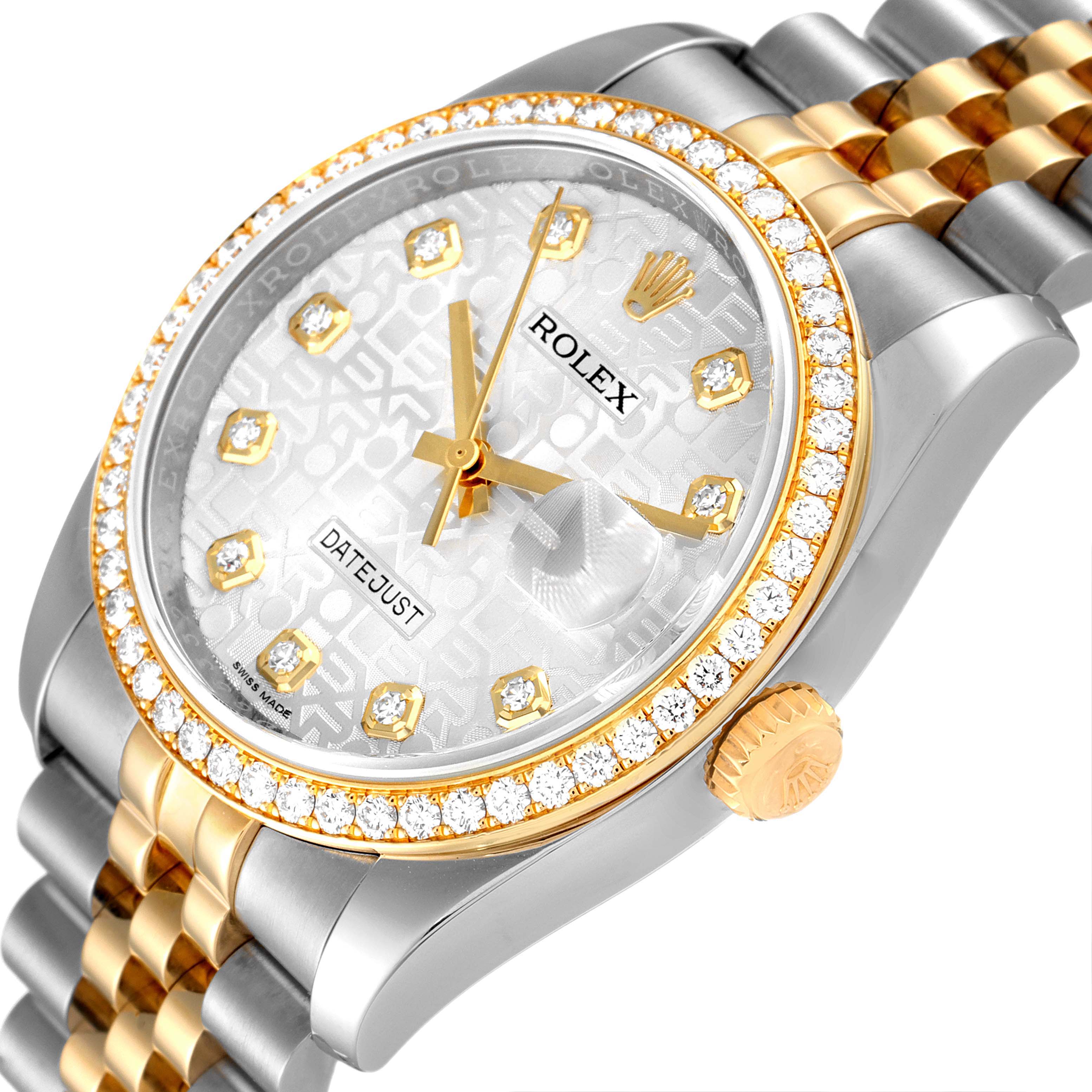This image displays the face, bezel, dial, crown, and part of the bracelet of a Rolex Datejust 116243 Men's Steel and Gold (two tone) Silver Dial 116243 Men's Steel and Gold (two tone) Silver Dial watch at an angled view.