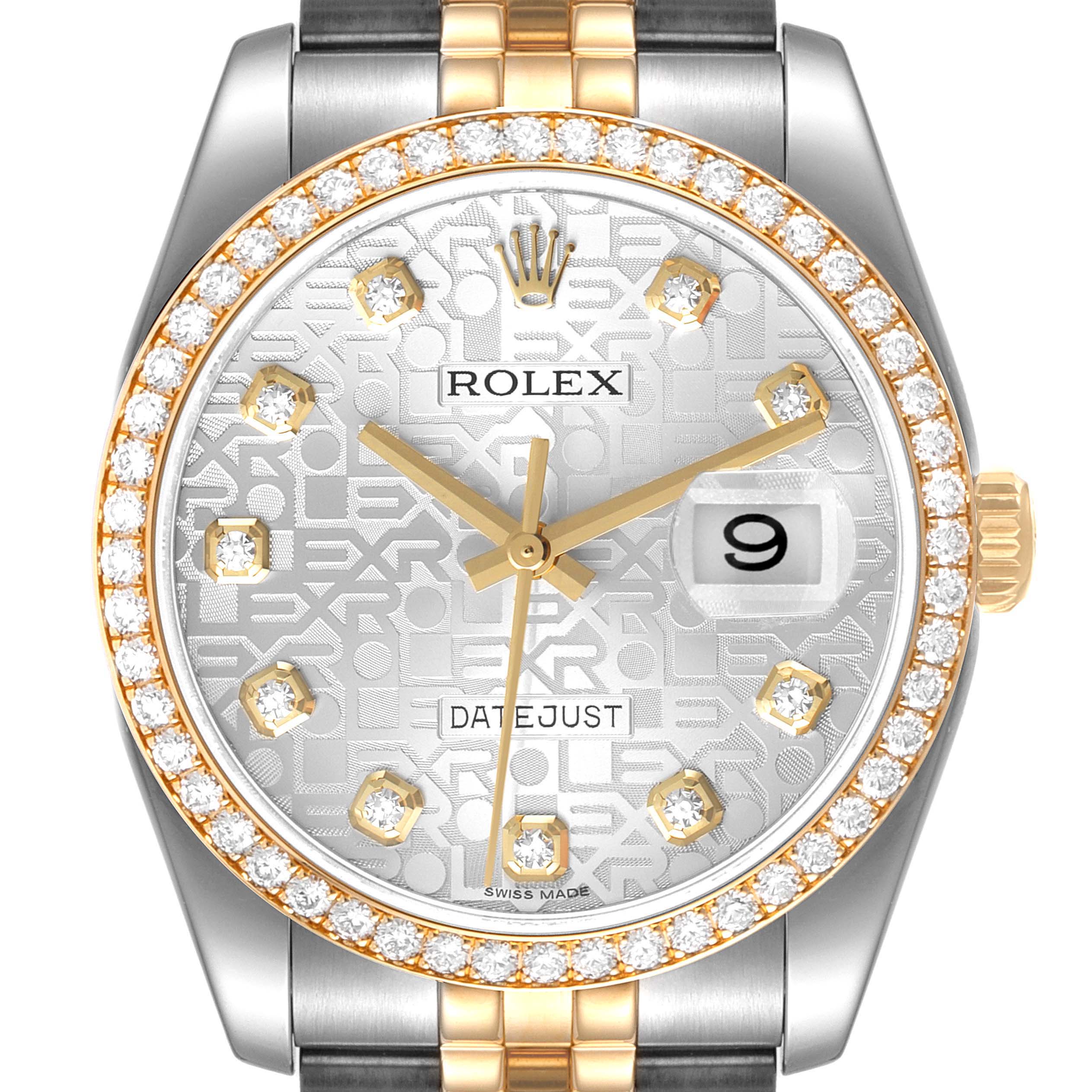 This image shows a close-up of the Rolex Datejust 116243 Men's Steel and Gold (two tone) Silver Dial 116243 Men's Steel and Gold (two tone) Silver Dial watch face, featuring a gold bezel with diamonds, date display, and gold markers.