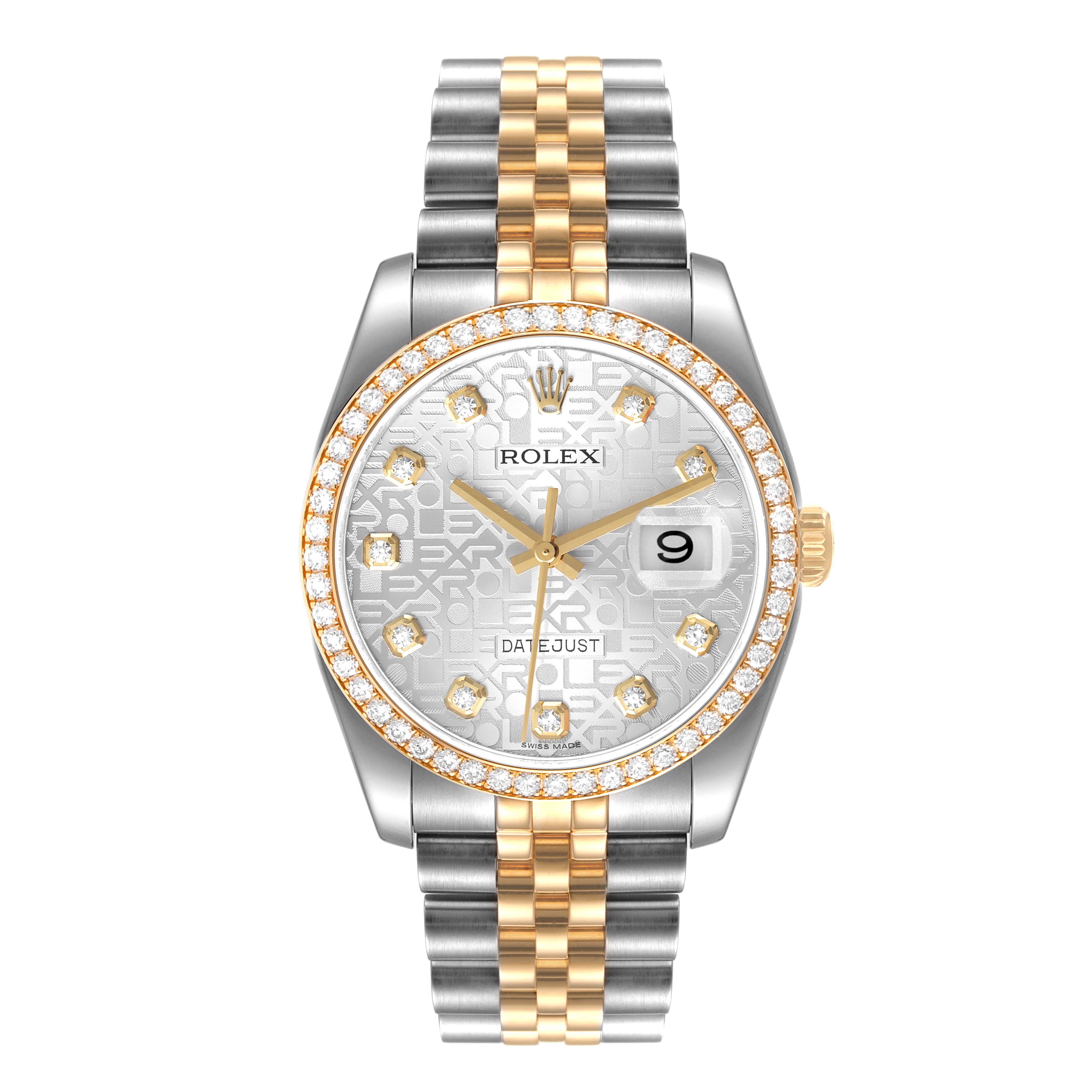 The image shows a front view of a Rolex Datejust 116243 Men's Steel and Gold (two tone) Silver Dial 116243 Men's Steel and Gold (two tone) Silver Dial watch featuring a diamond-studded bezel and a stainless steel and gold bracelet.