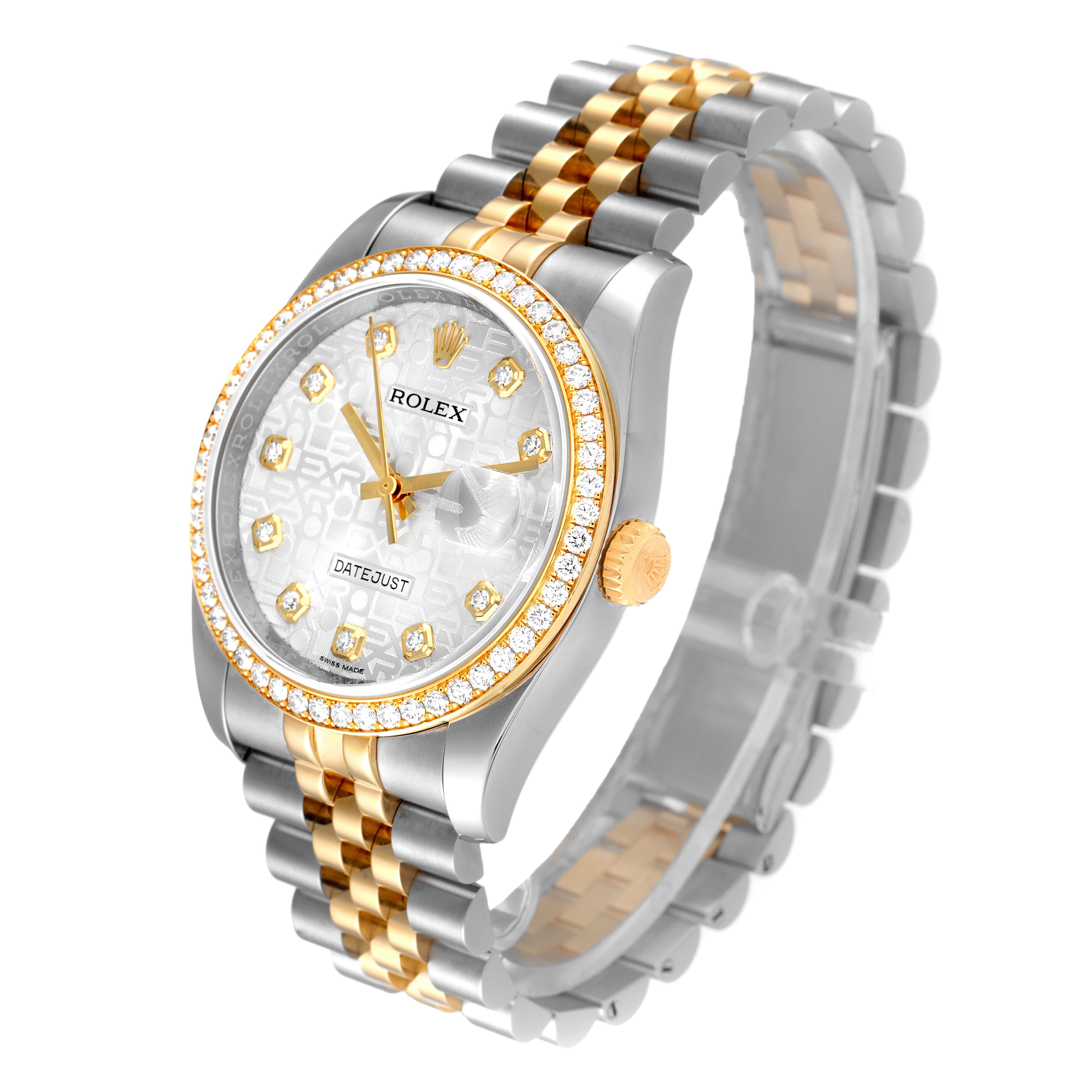 This image shows a Rolex Datejust 116243 Men's Steel and Gold (two tone) Silver Dial 116243 Men's Steel and Gold (two tone) Silver Dial watch at a three-quarter angle, highlighting its two-tone bracelet, diamond-studded bezel, and dial.