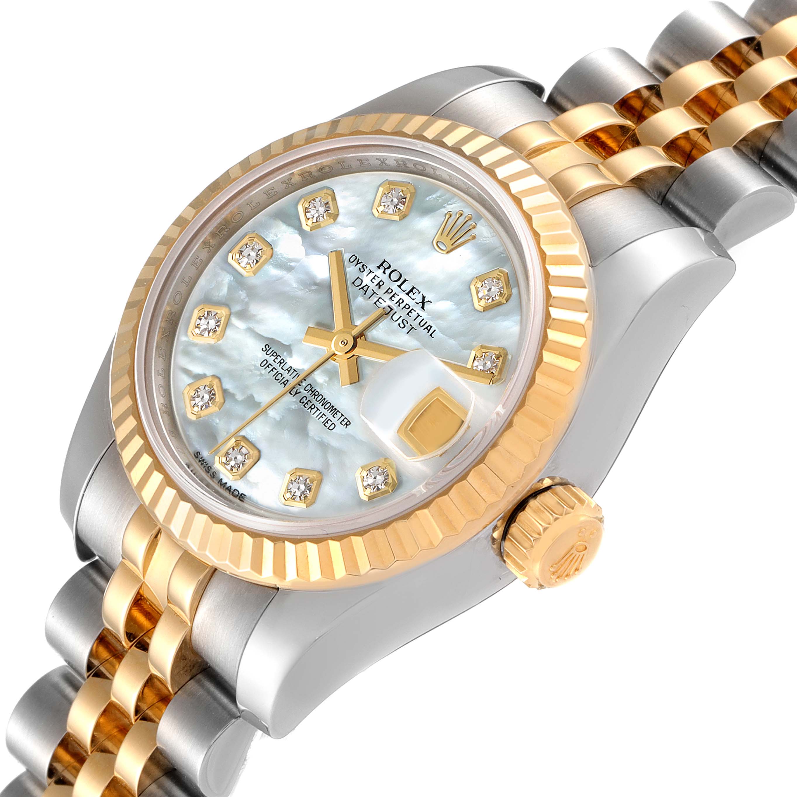The image shows a Rolex Datejust 179173 Women's Steel and Gold (two tone) Mother of Pearl Dial 179173 Women's Steel and Gold (two tone) Mother of Pearl Dial watch at an angled close-up, highlighting its dial, bezel, case, and bracelet.