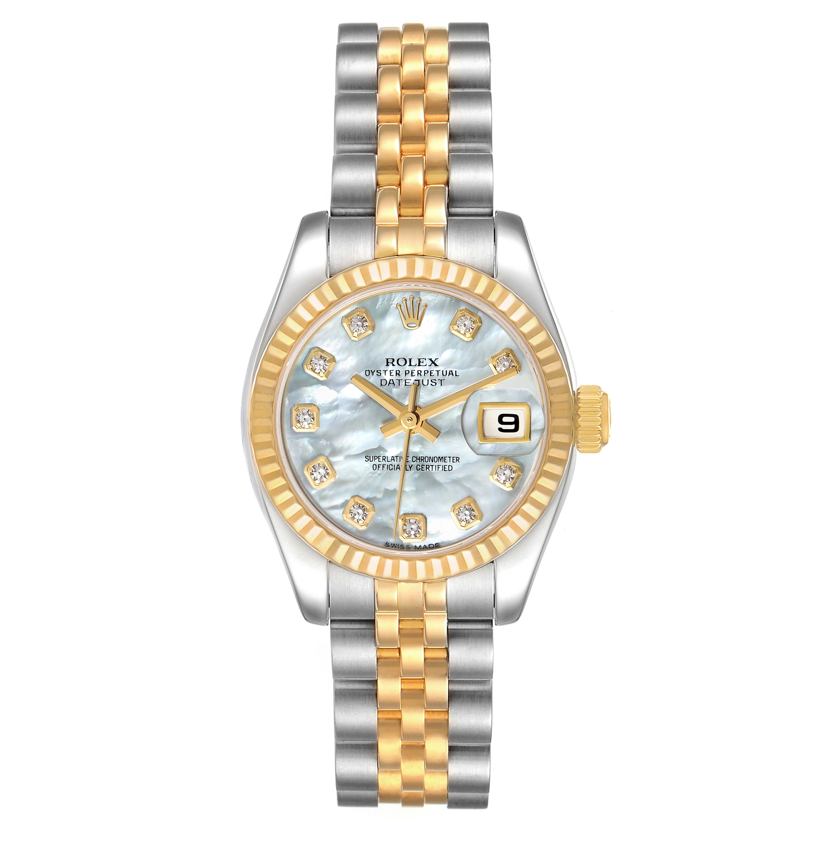 The Rolex Datejust 179173 Women's Steel and Gold (two tone) Mother of Pearl Dial 179173 Women's Steel and Gold (two tone) Mother of Pearl Dial watch is shown in a front view, displaying its dial, date window, bezel, and two-tone bracelet.