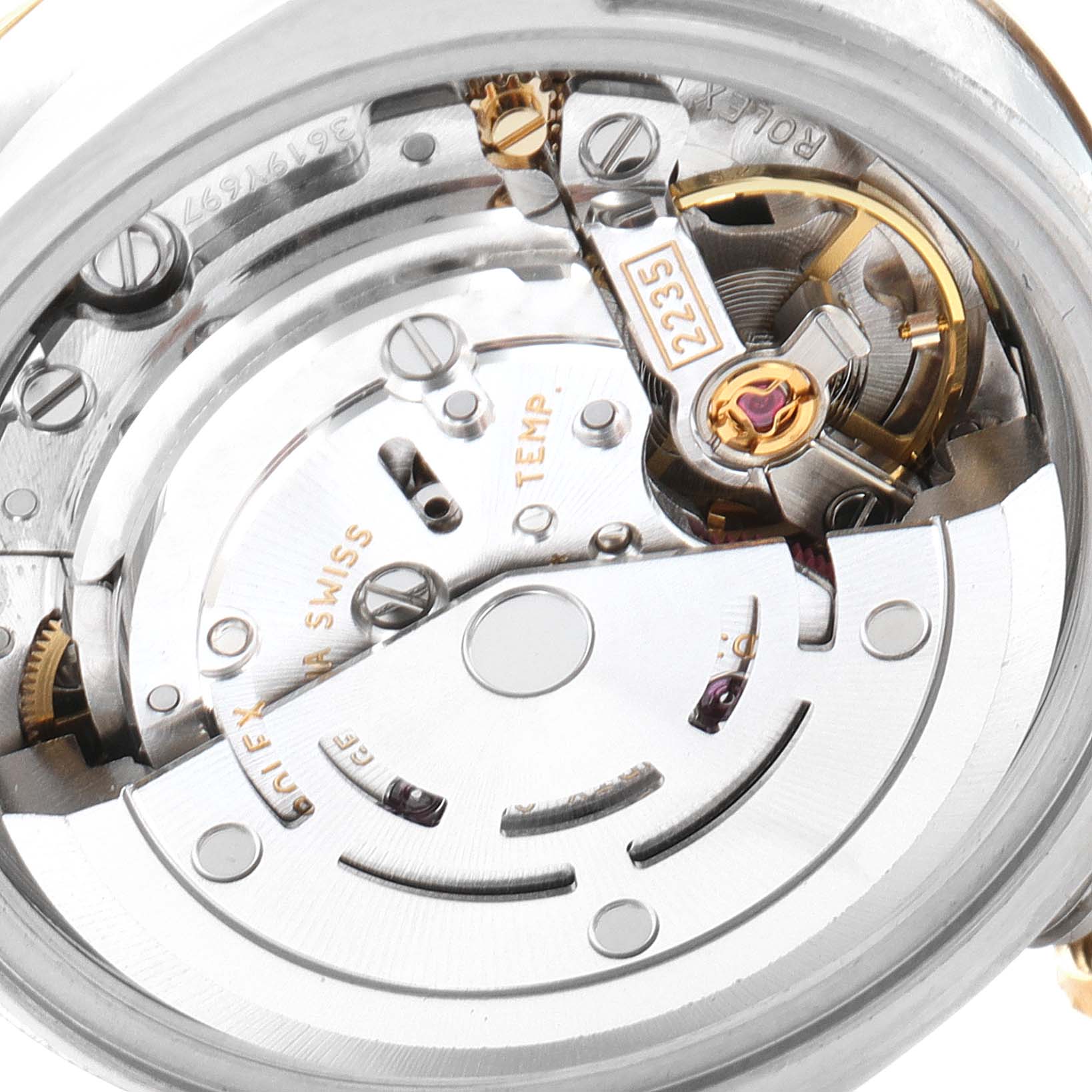 This image shows the movement mechanism inside a Rolex Datejust 179173 Women's Steel and Gold (two tone) Mother of Pearl Dial 179173 Women's Steel and Gold (two tone) Mother of Pearl Dial watch from a top-down angle.