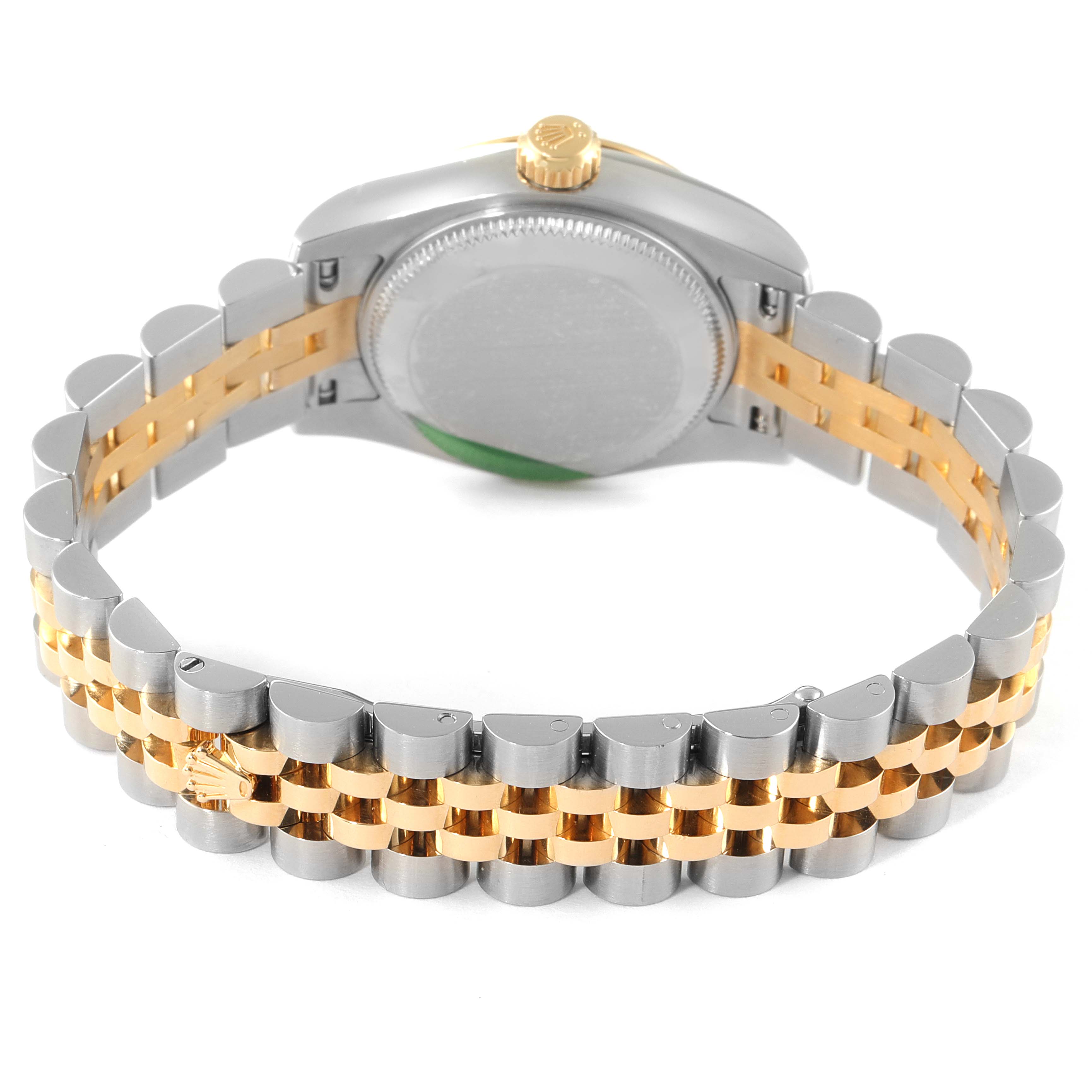 The image shows the back case and two-tone bracelet of the Rolex Datejust 179173 Women's Steel and Gold (two tone) Mother of Pearl Dial 179173 Women's Steel and Gold (two tone) Mother of Pearl Dial model watch from a rear angle.