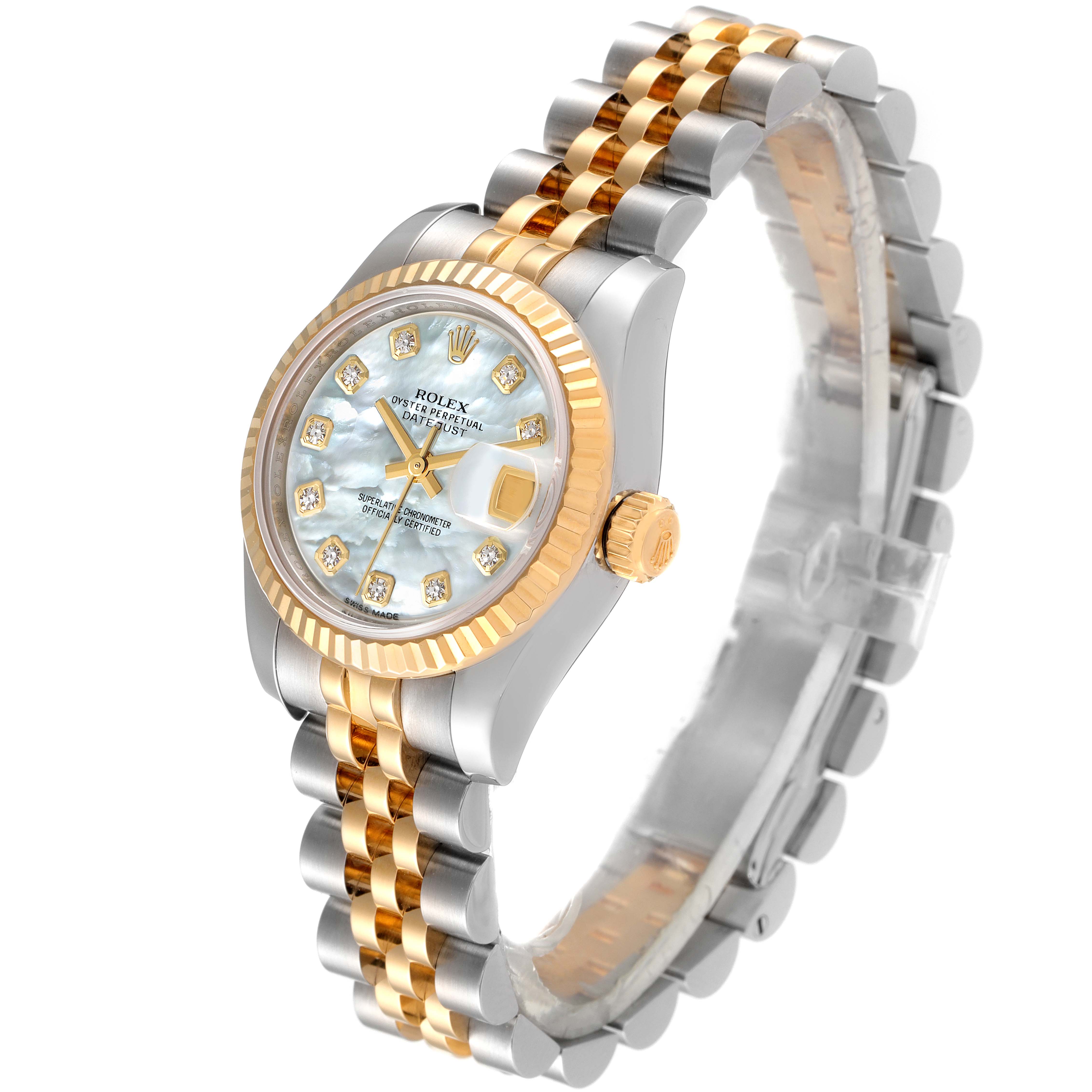 This image shows a Rolex Datejust 179173 Women's Steel and Gold (two tone) Mother of Pearl Dial 179173 Women's Steel and Gold (two tone) Mother of Pearl Dial watch at a three-quarter angle, highlighting its gold and silver bracelet, fluted bezel, and diamond markers.