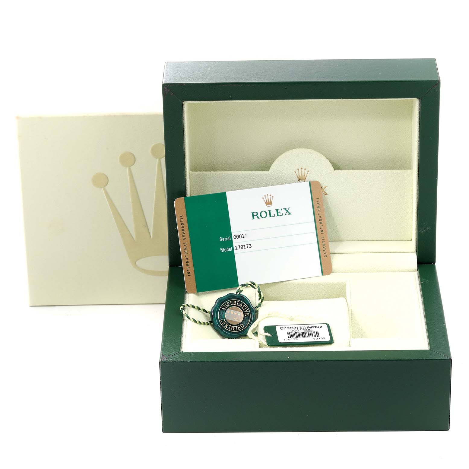 The image shows a Rolex Datejust 179173 Women's Steel and Gold (two tone) Mother of Pearl Dial 179173 Women's Steel and Gold (two tone) Mother of Pearl Dial watch box with a warranty card, serial number tag, and Superlative chronometer certification tag.