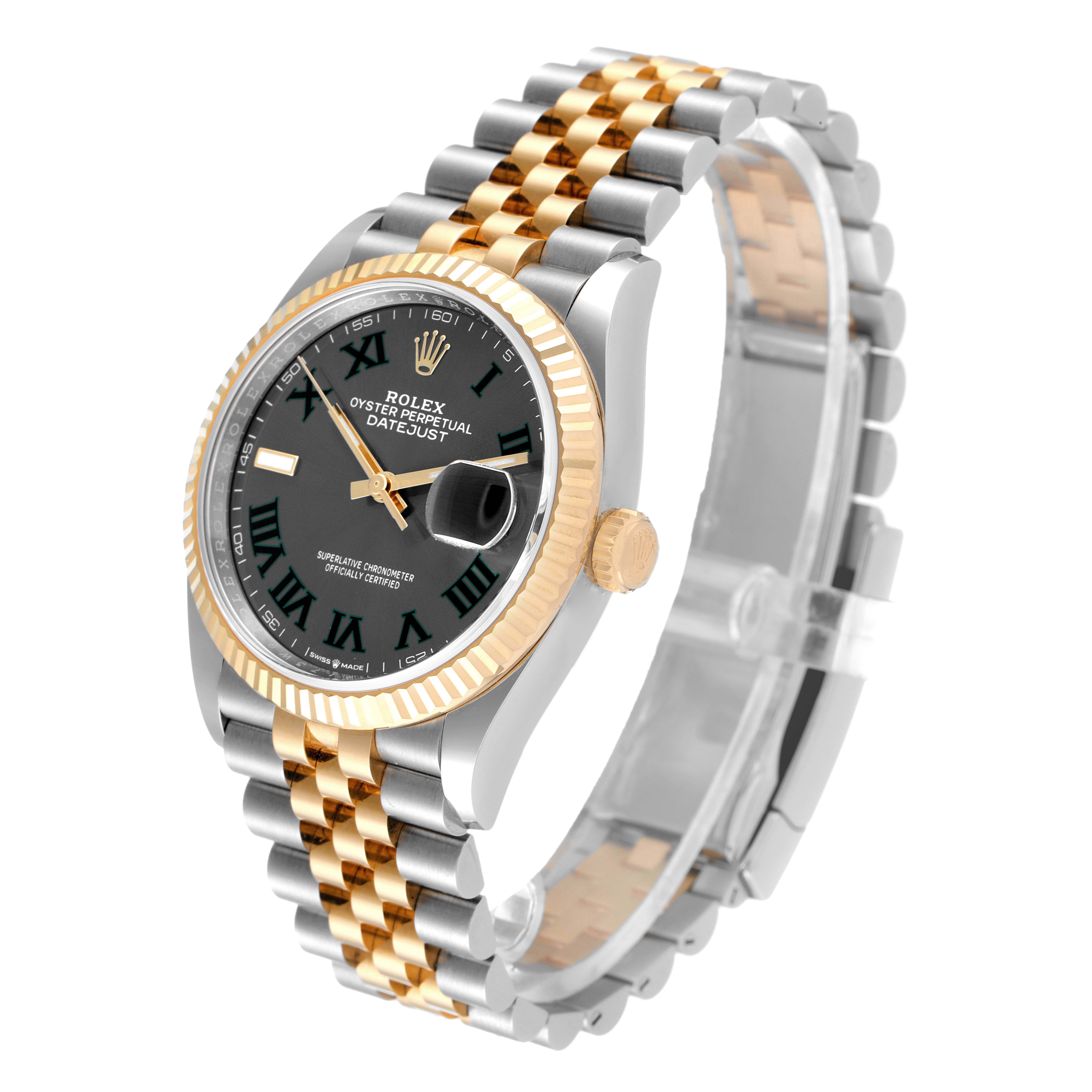 The Rolex Datejust 126233 Men
s Steel and Gold (two tone) Grey Dial 126233 Men
s Steel and Gold (two tone) Grey Dial watch is shown from a front-side angle, highlighting its black dial, date function, and two-tone bracelet.
