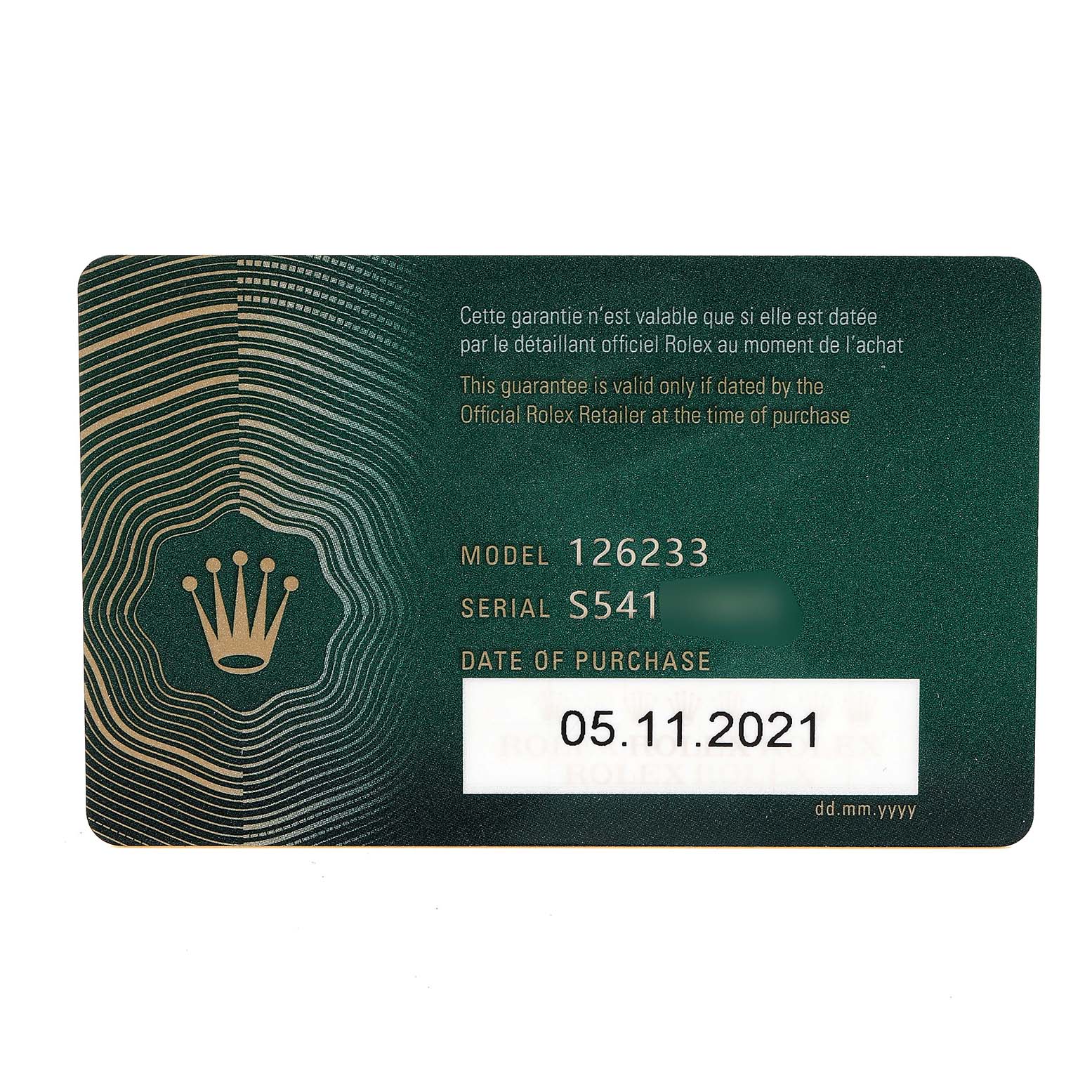 This image shows the warranty card for a Rolex Datejust 126233 Men
s Steel and Gold (two tone) Grey Dial 126233 Men
s Steel and Gold (two tone) Grey Dial model 126233, featuring the serial number and date of purchase.