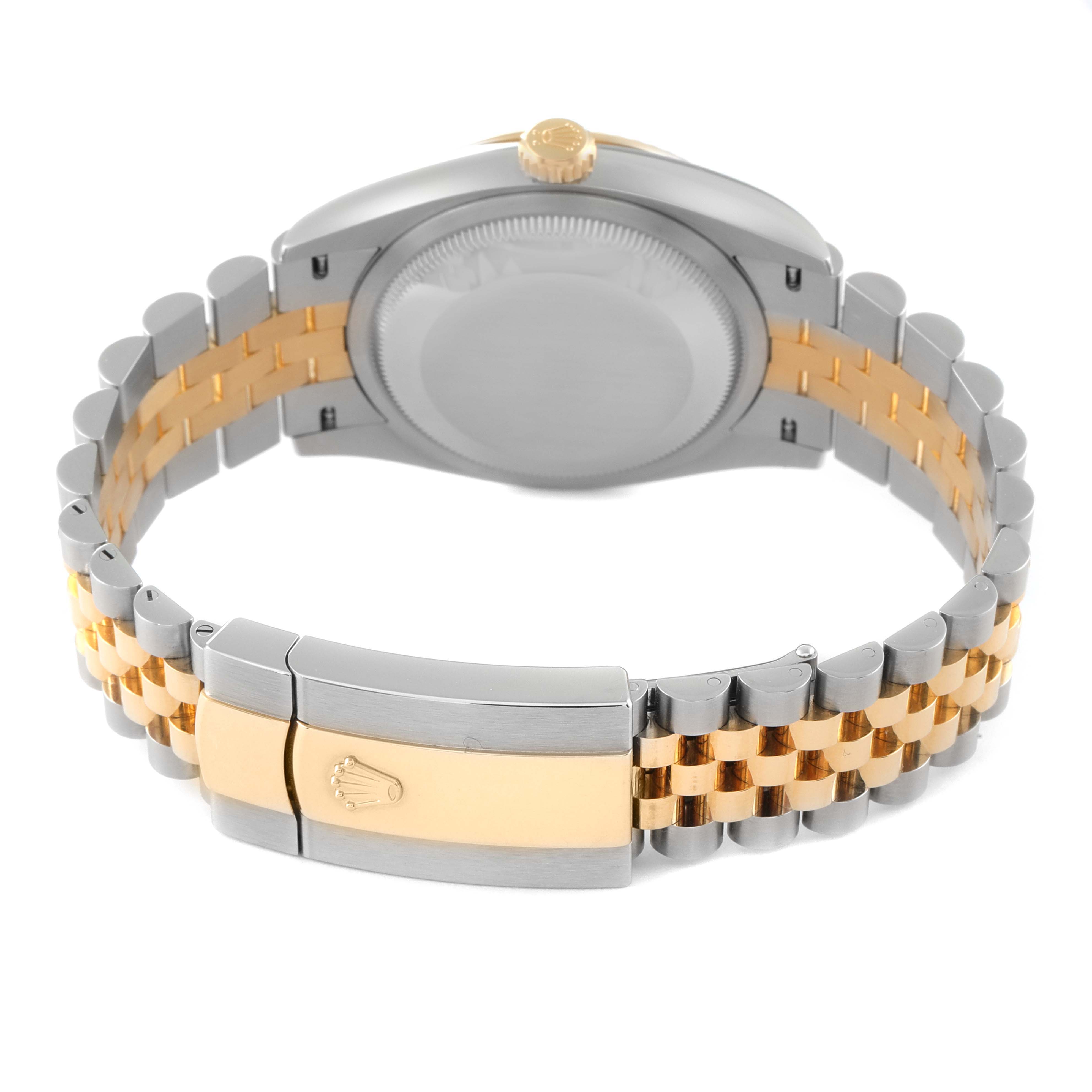 The image shows the back of a Rolex Datejust 126233 Men
s Steel and Gold (two tone) Grey Dial 126233 Men
s Steel and Gold (two tone) Grey Dial watch, highlighting its stainless steel and gold bracelet and clasp.