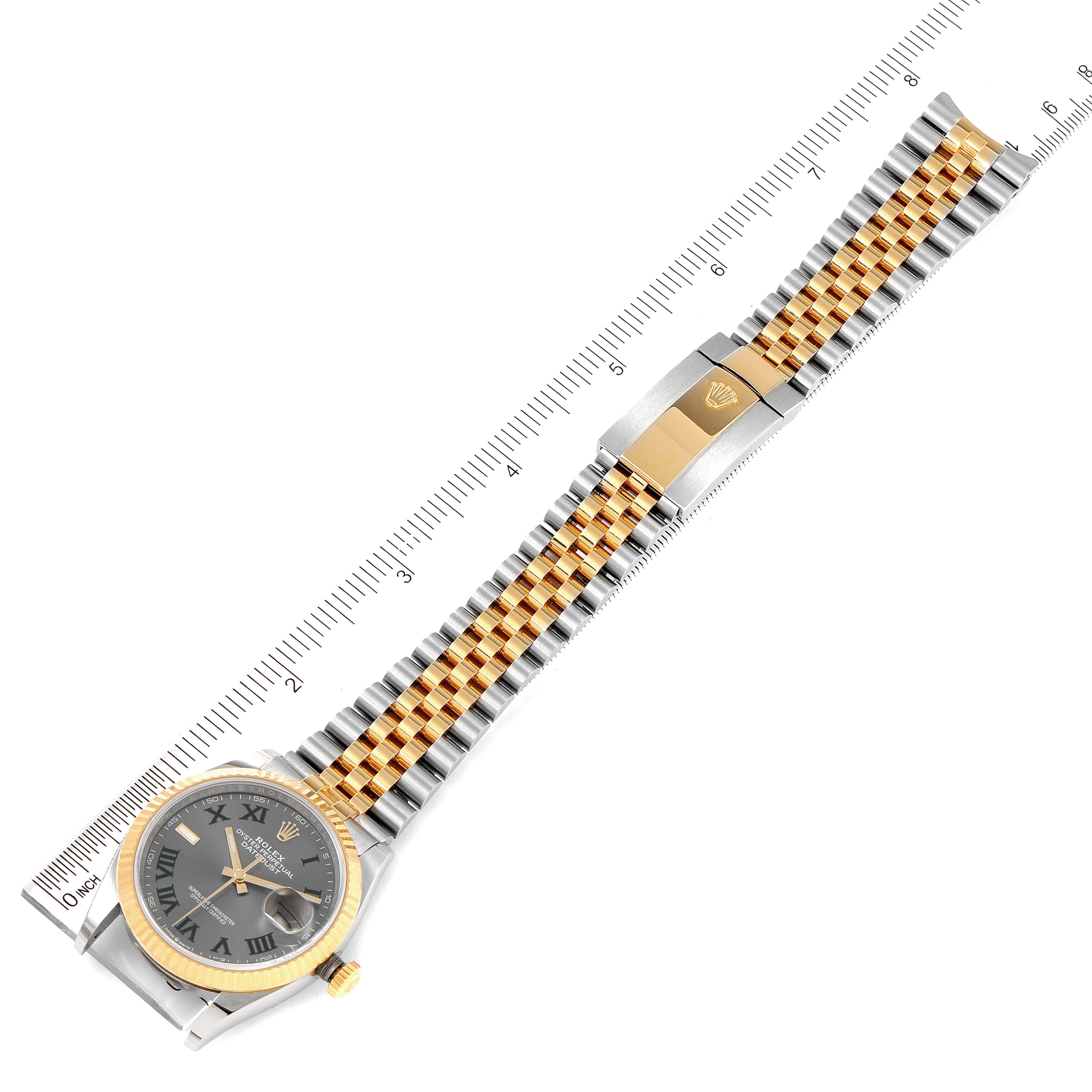 The image shows an overhead view of the Rolex Datejust 126233 Men
s Steel and Gold (two tone) Grey Dial 126233 Men
s Steel and Gold (two tone) Grey Dial watch, showcasing the face, bezel, and two-tone Jubilee bracelet.