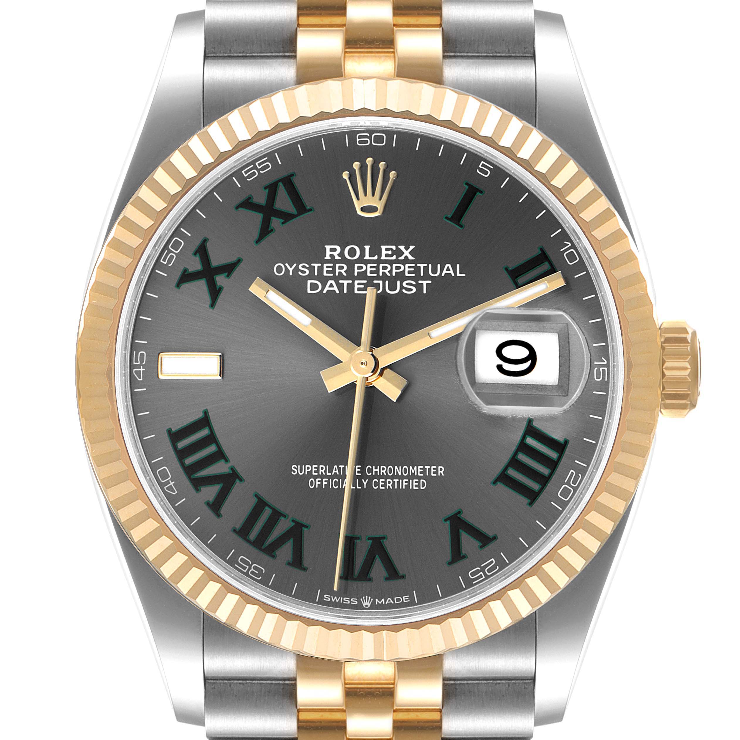 The Rolex Datejust 126233 Men
s Steel and Gold (two tone) Grey Dial 126233 Men
s Steel and Gold (two tone) Grey Dial watch is shown from a front angle, highlighting its dial, bezel, and crown.