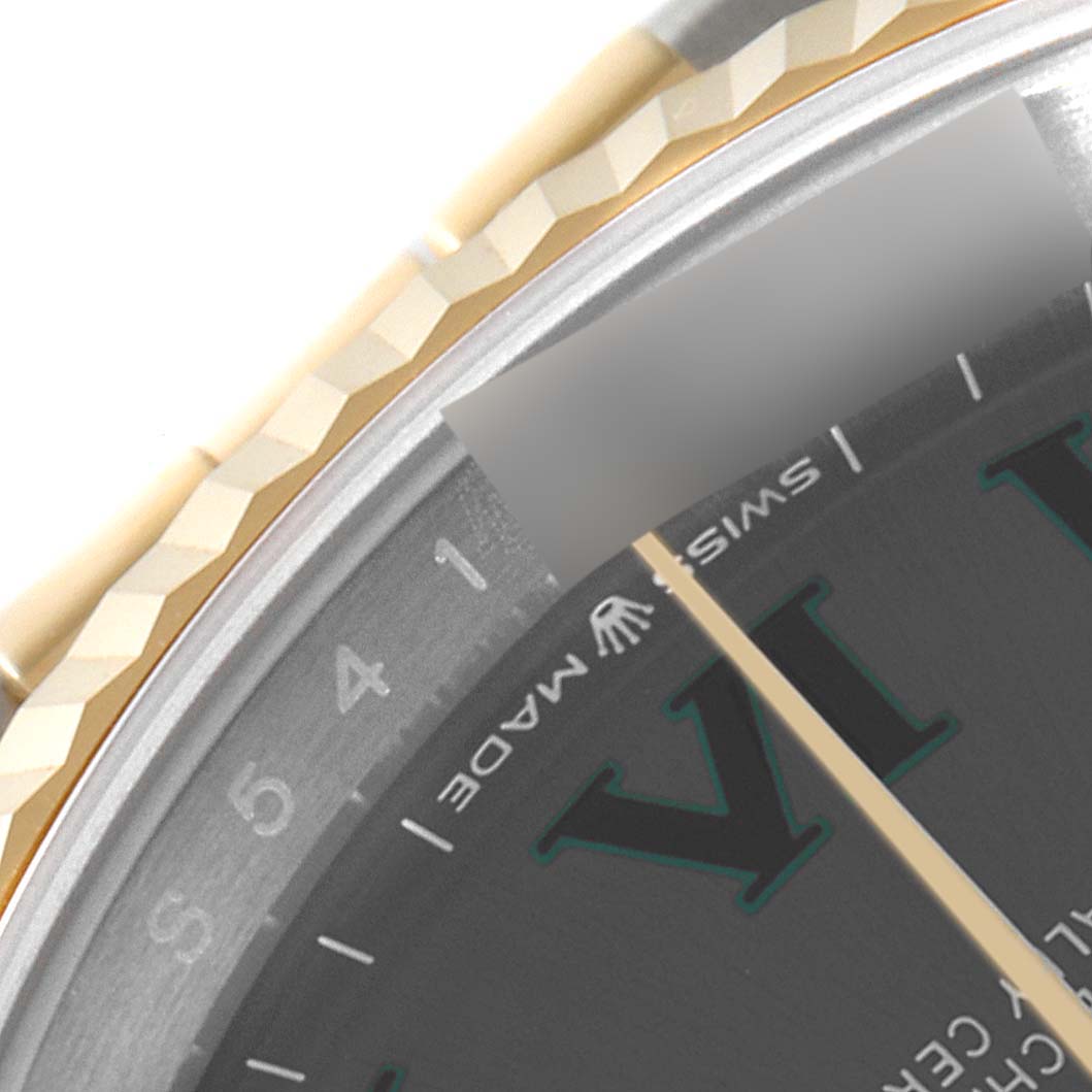 The image shows a close-up of the dial, bezel, and part of the bracelet of a Rolex Datejust 126233 Men
s Steel and Gold (two tone) Grey Dial 126233 Men
s Steel and Gold (two tone) Grey Dial watch.