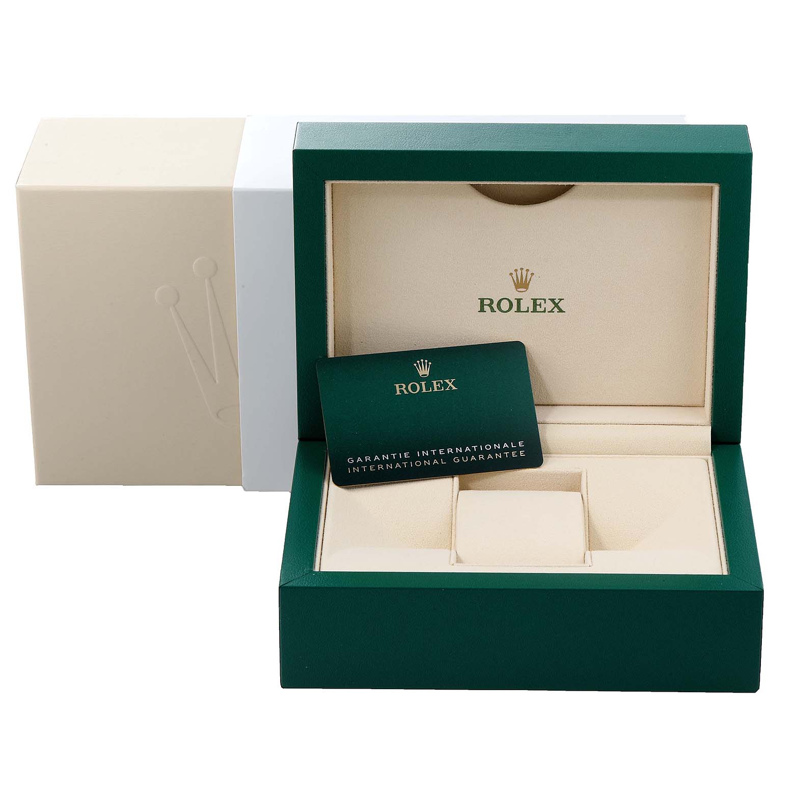 The image shows a Rolex Datejust 126233 Men
s Steel and Gold (two tone) Grey Dial 126233 Men
s Steel and Gold (two tone) Grey Dial watch box, including the inner case and an international guarantee card.