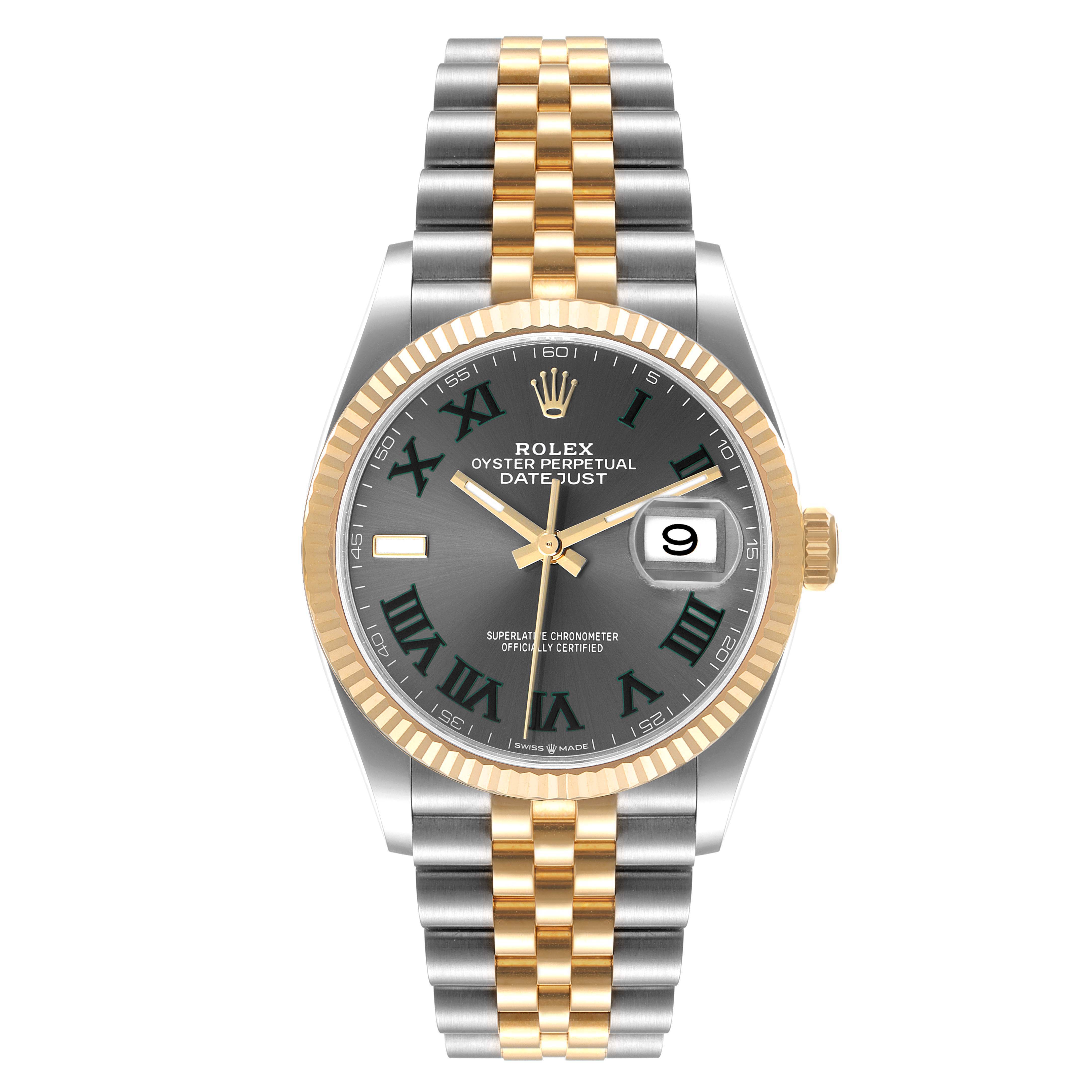 The image shows a Rolex Datejust 126233 Men
s Steel and Gold (two tone) Grey Dial 126233 Men
s Steel and Gold (two tone) Grey Dial watch featuring a gray dial, gold-toned bezel, and two-tone metal bracelet.