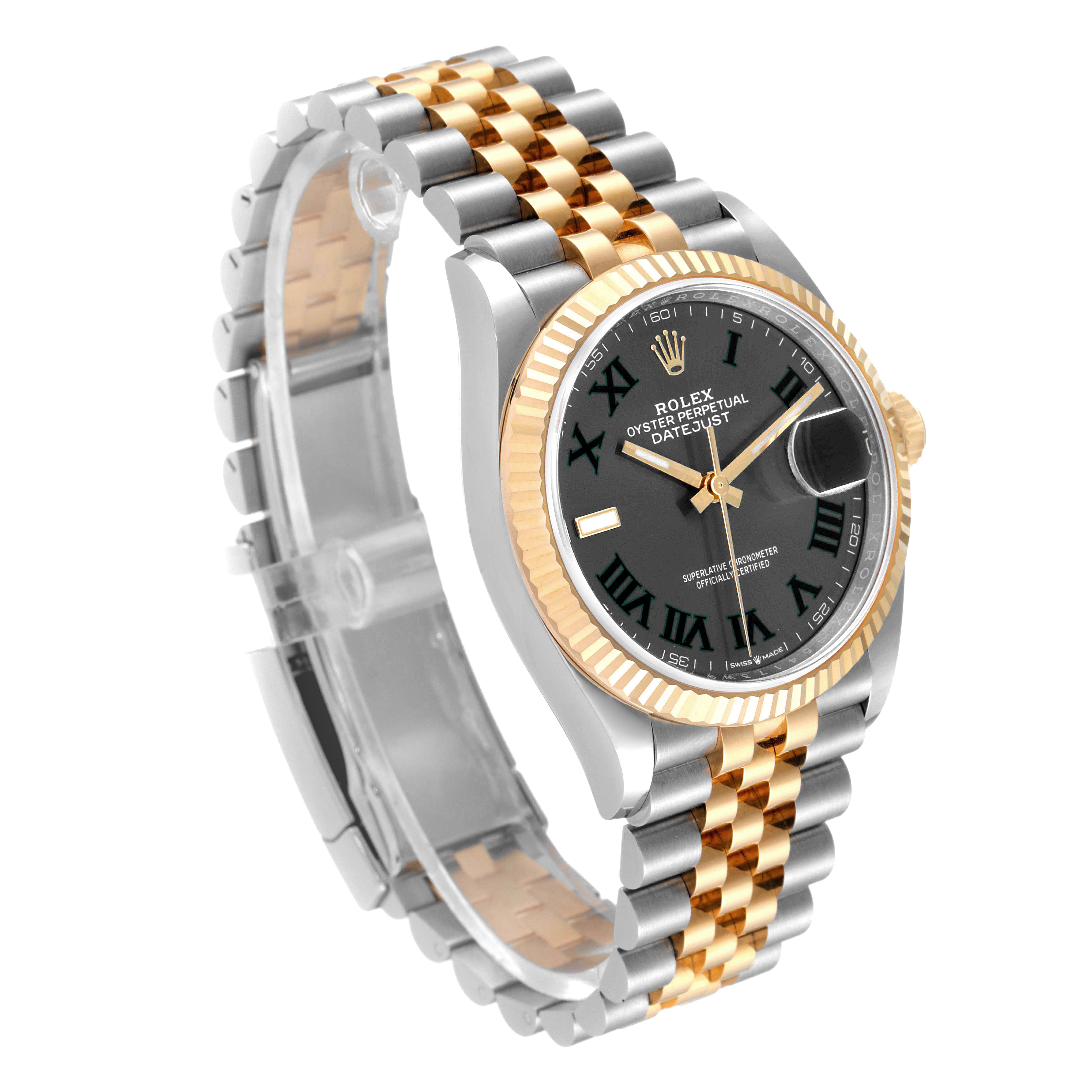 The image shows a Rolex Datejust 126233 Men
s Steel and Gold (two tone) Grey Dial 126233 Men
s Steel and Gold (two tone) Grey Dial watch angled to highlight its gold and silver bracelet, fluted bezel, and black dial with Roman numerals.
