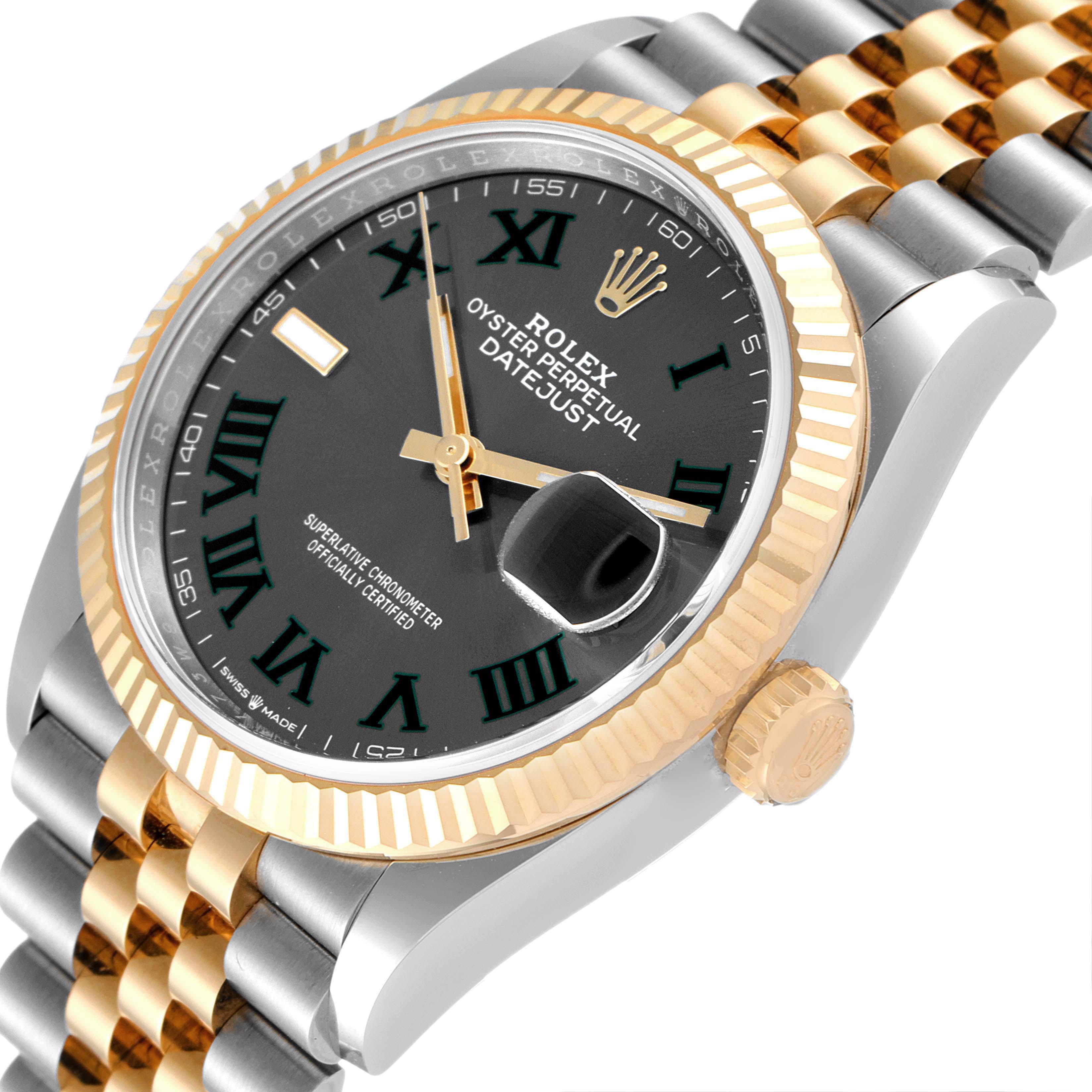 The image shows a close-up of a Rolex Datejust 126233 Men
s Steel and Gold (two tone) Grey Dial 126233 Men
s Steel and Gold (two tone) Grey Dial watch featuring the dial, bezel, crown, and part of the bracelet at an angle.