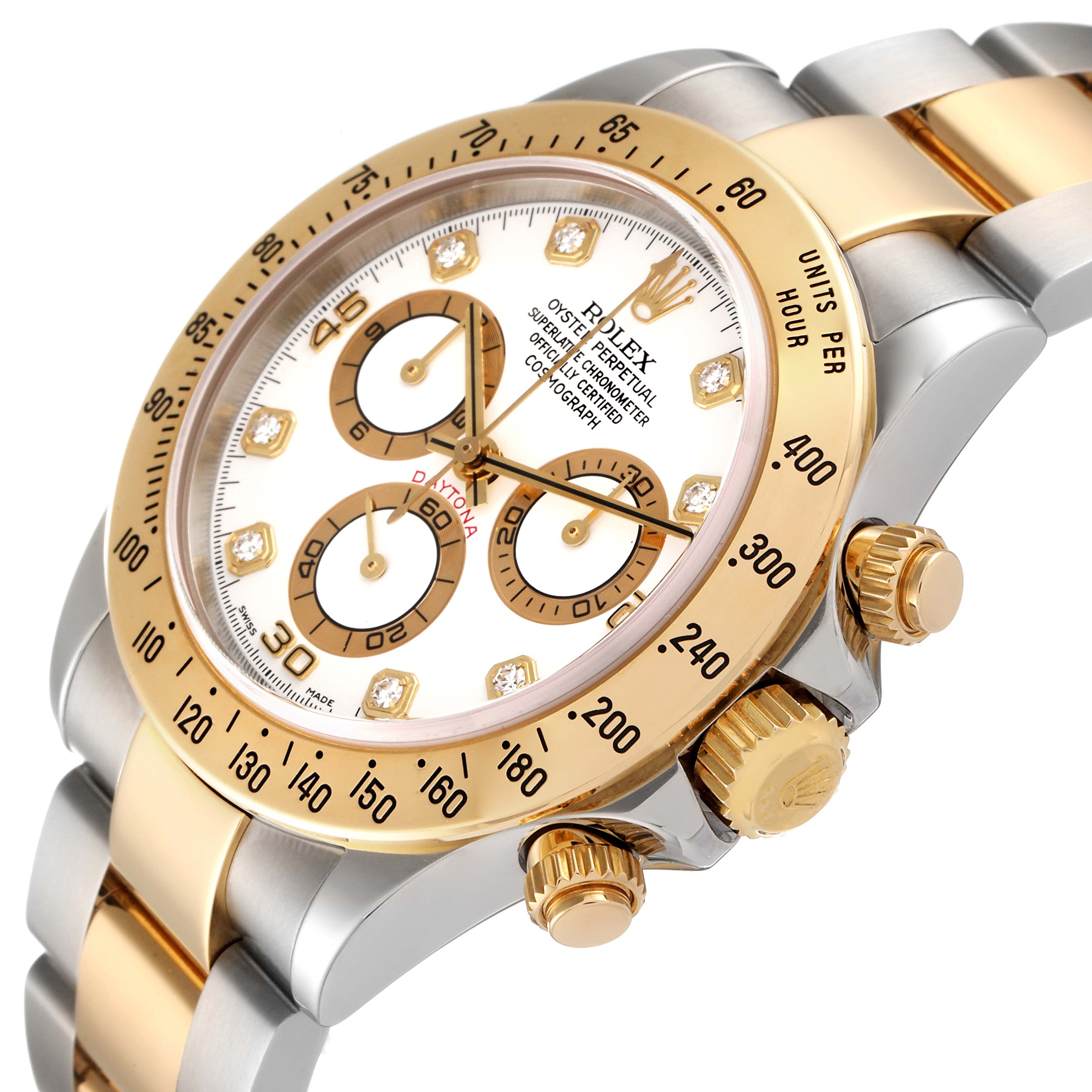 The image shows a close-up angled view of the Rolex Daytona 116523 Men
s Steel and Gold (two tone) White Dial 116523 Men
s Steel and Gold (two tone) White Dial, displaying the dial, bezel, crown, and part of the bracelet.